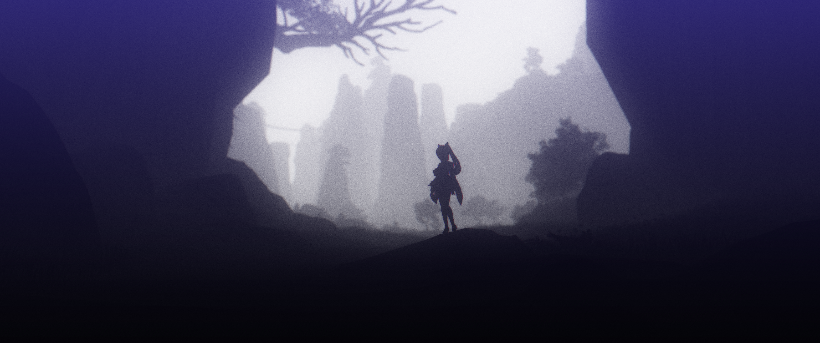 Keqing from Genshin Impact in a misty landscape HD Wallpaper