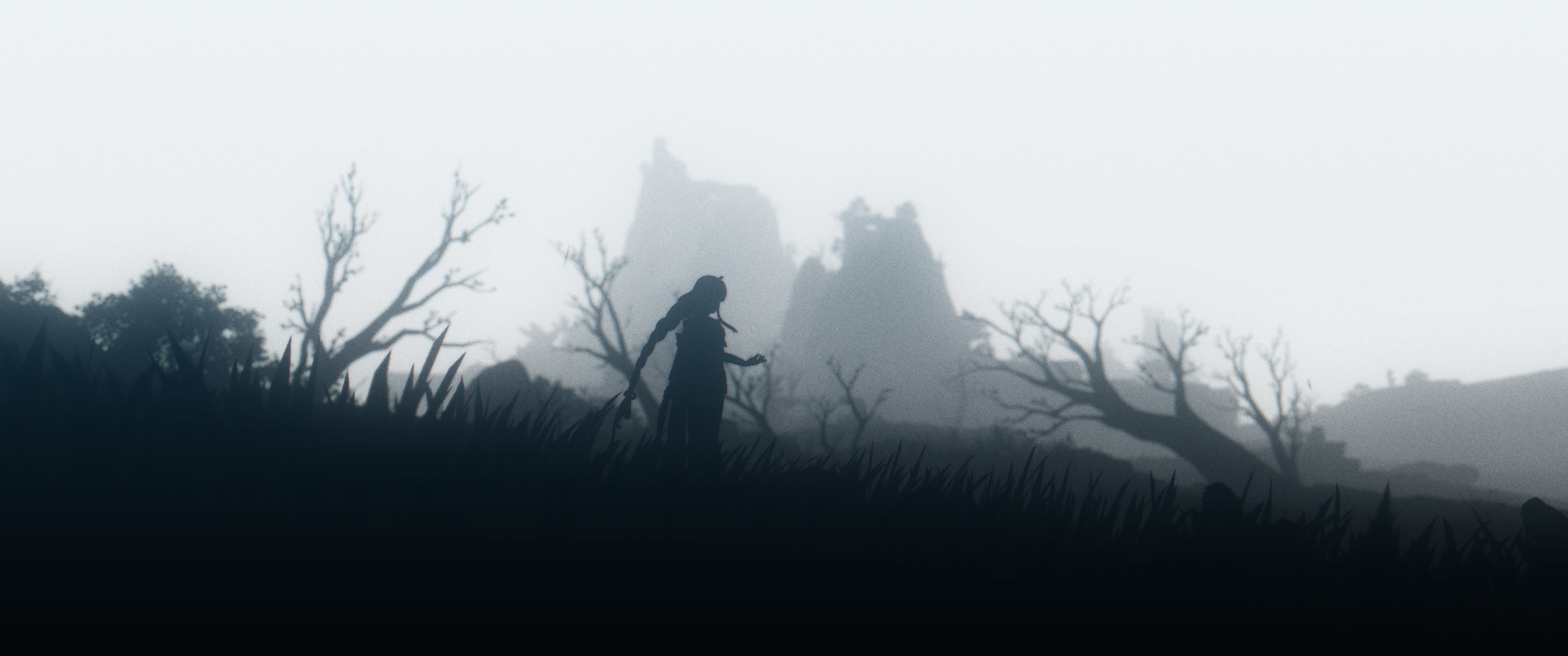 Raiden Shogun from Genshin Impact in a foggy landscape HD Wallpaper