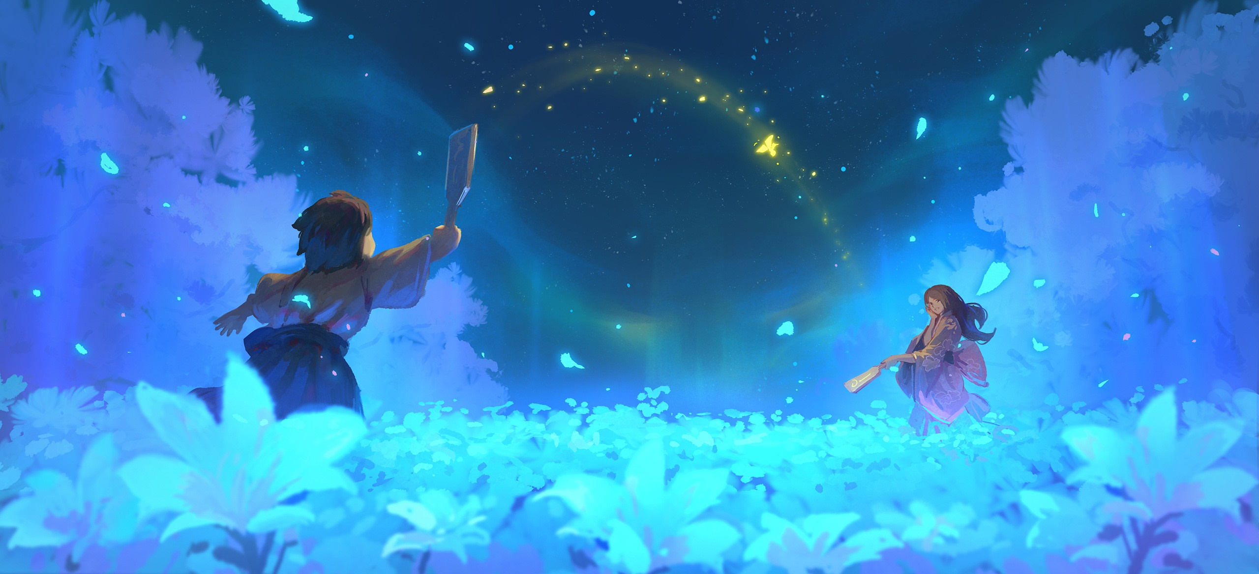Two children in a field of glowing flowers at night HD Wallpaper