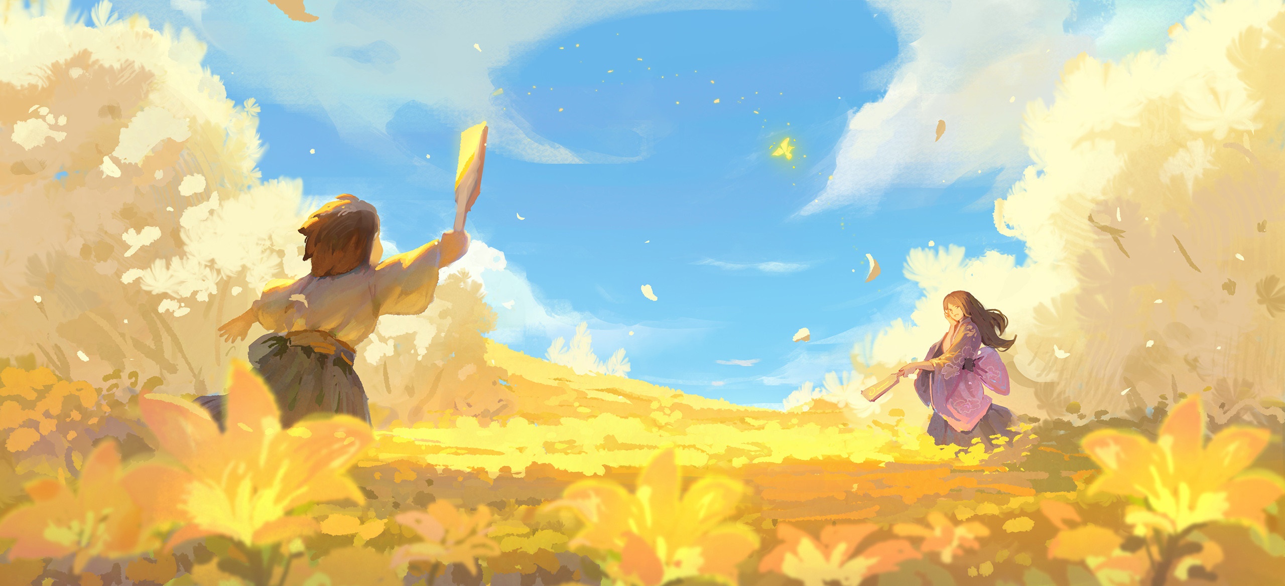 Two children playing in a field of yellow flowers HD Wallpaper
