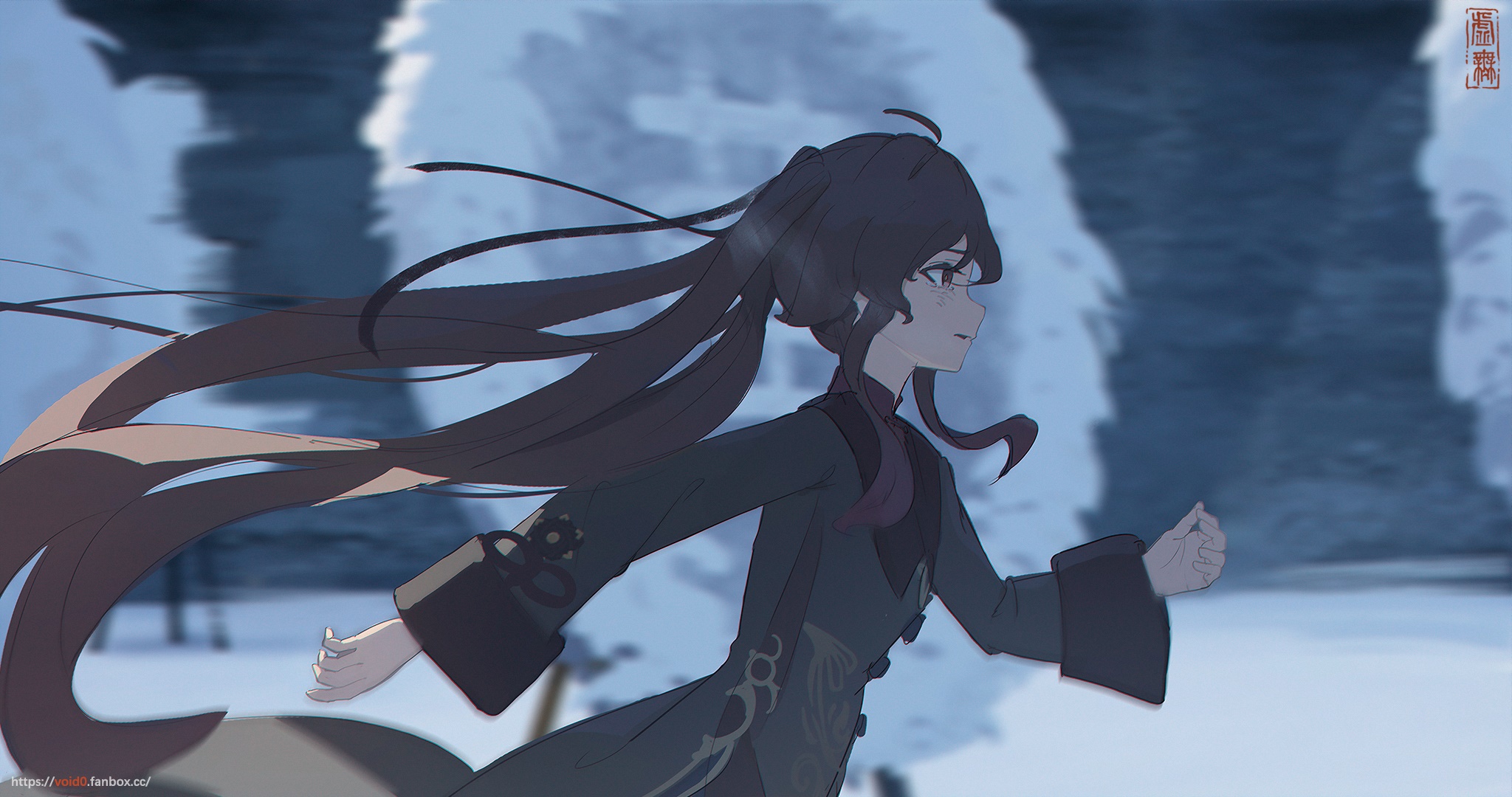 Hu Tao from Genshin Impact running in snow HD Wallpaper