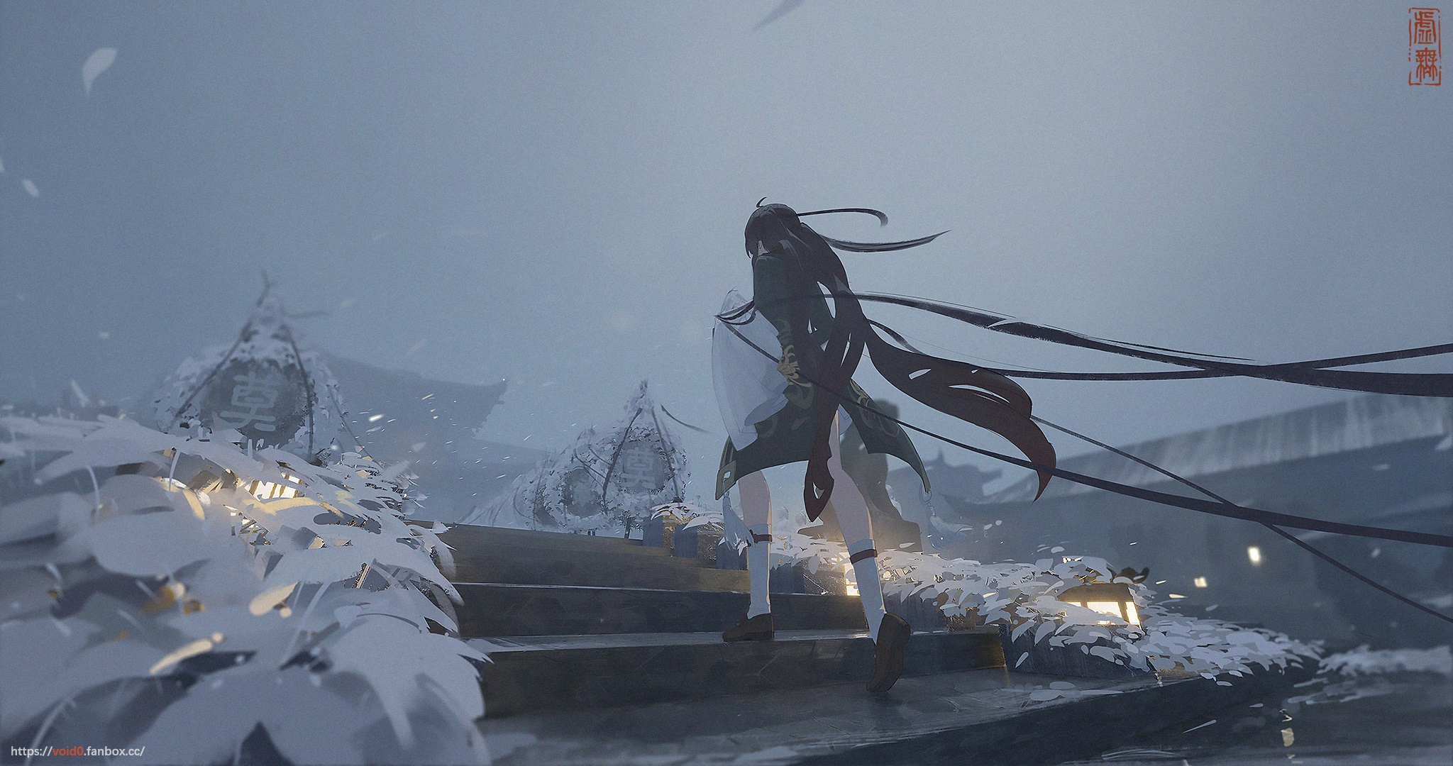 Hu Tao from Genshin Impact in a snowy landscape HD Wallpaper