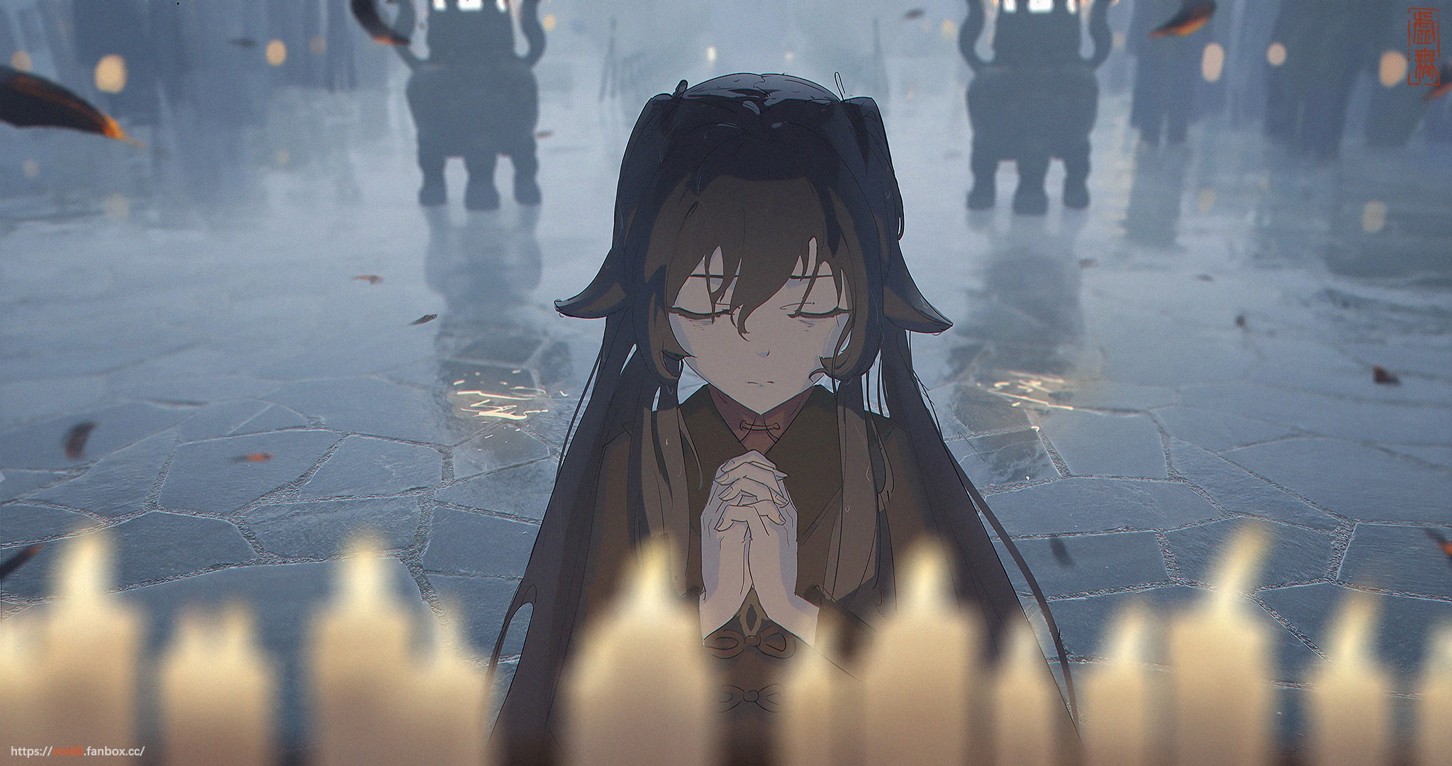 Hu Tao from Genshin Impact praying with candles HD Wallpaper