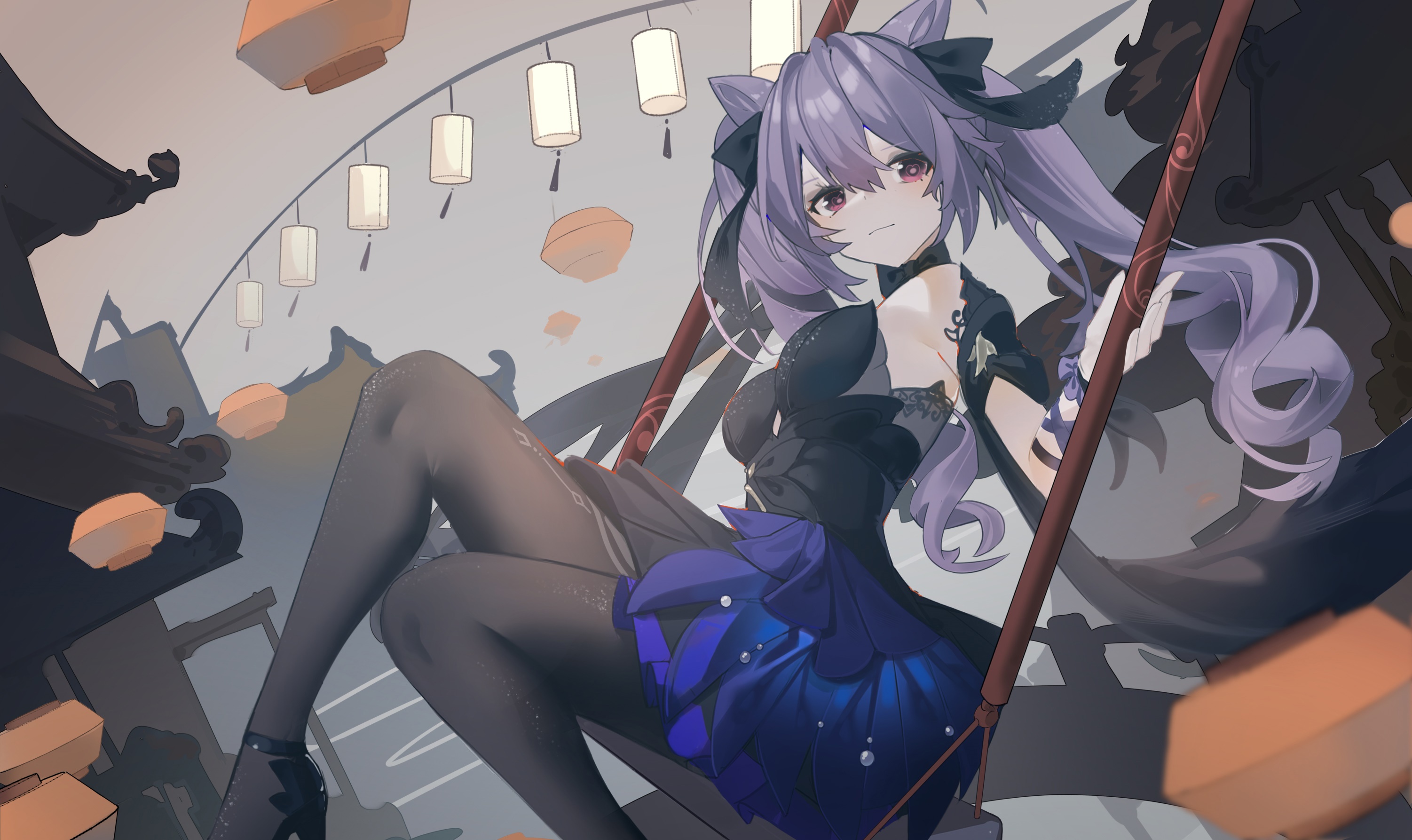 Keqing from Genshin Impact sitting on a swing HD Wallpaper