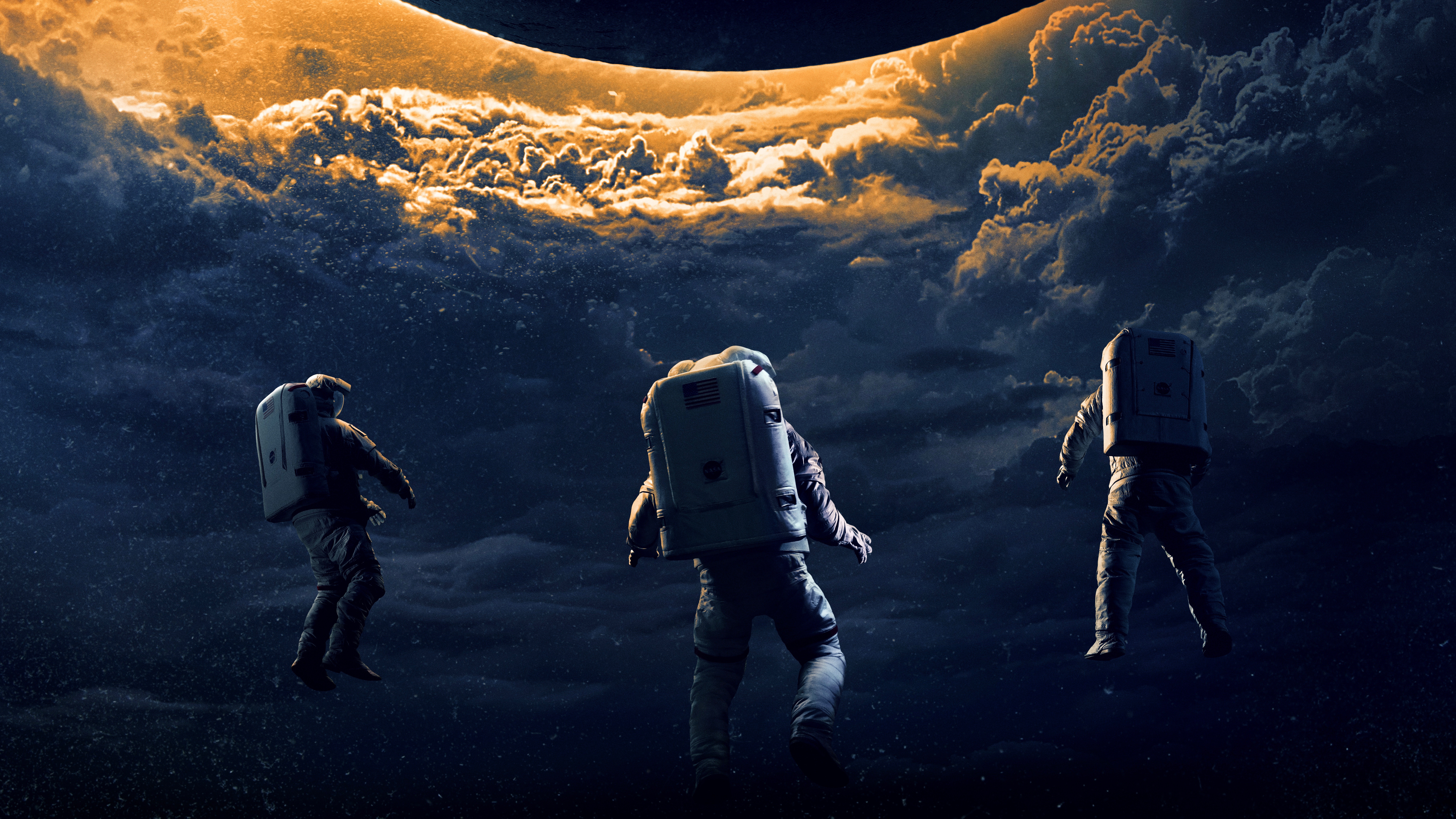 Astronauts in space with a large celestial body HD Wallpaper