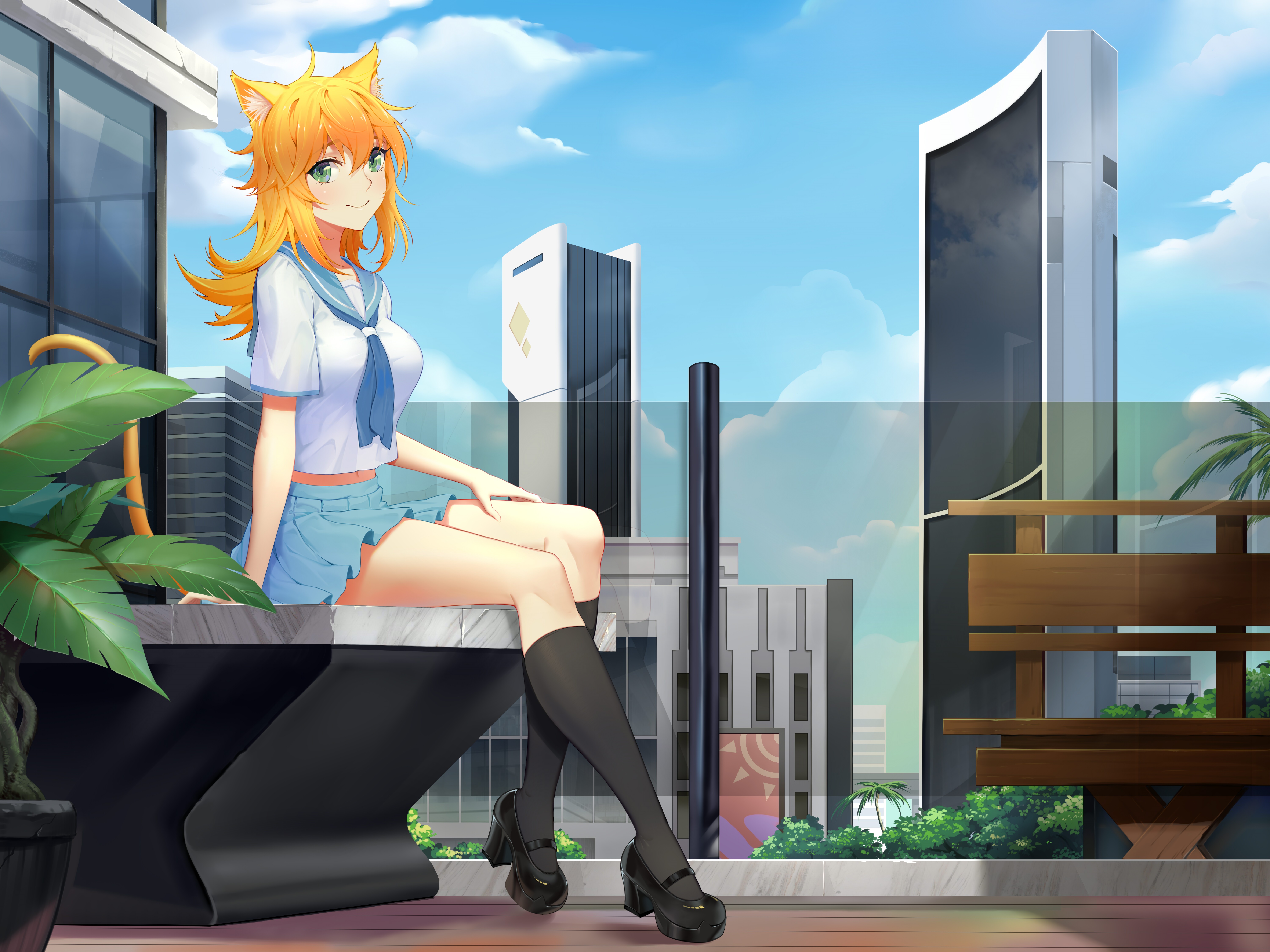Anime Girl in School Uniform on Rooftop HD Wallpaper