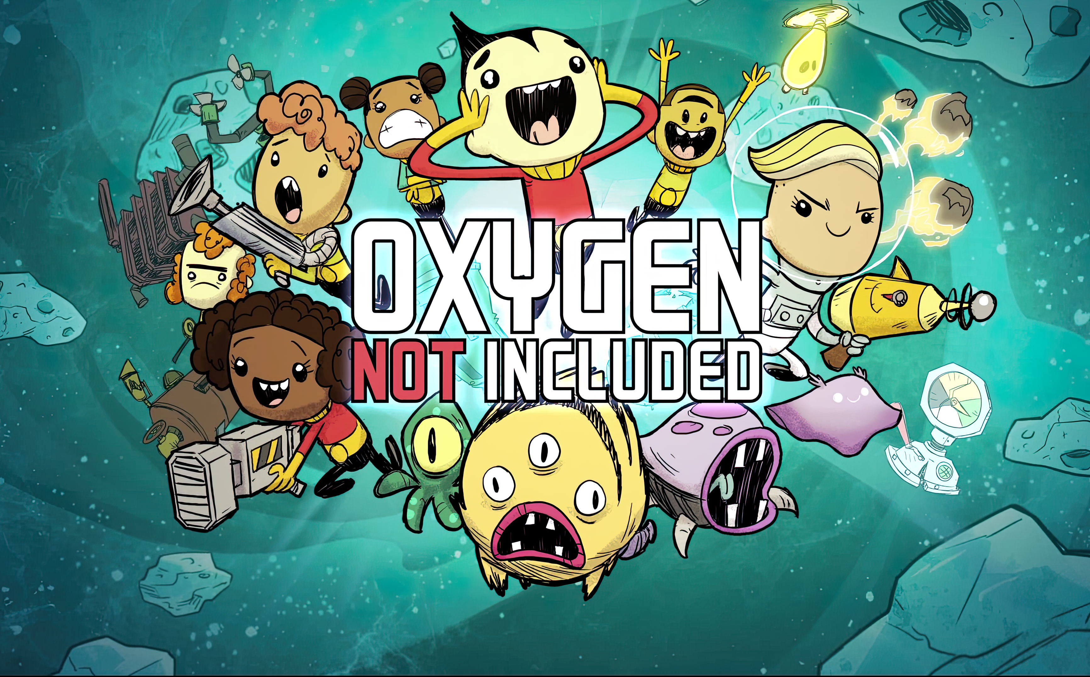 Oxygen Not Included game art with characters and creatures HD Wallpaper