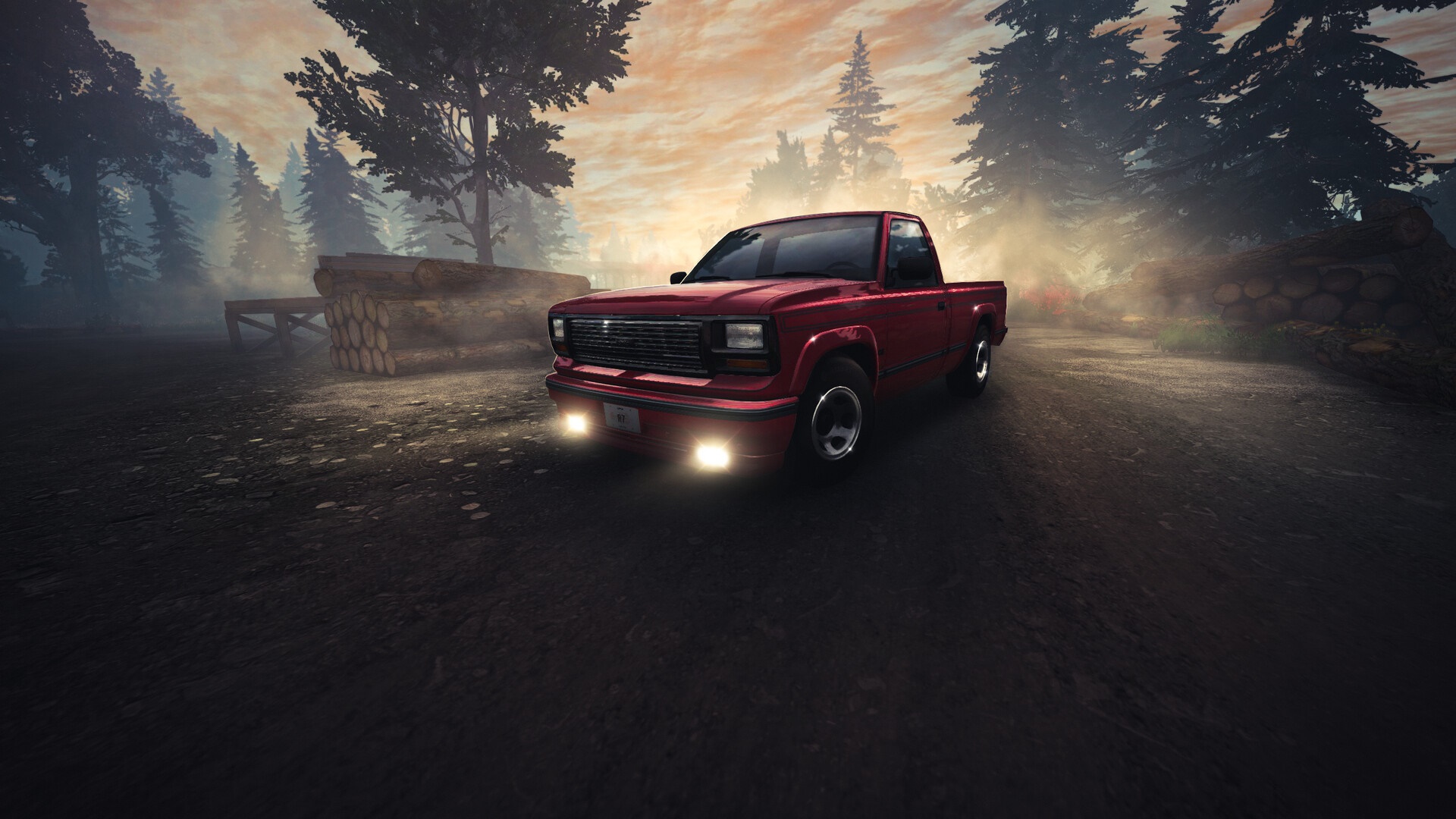 Red Gavril D-Series truck in a foggy forest HD Wallpaper
