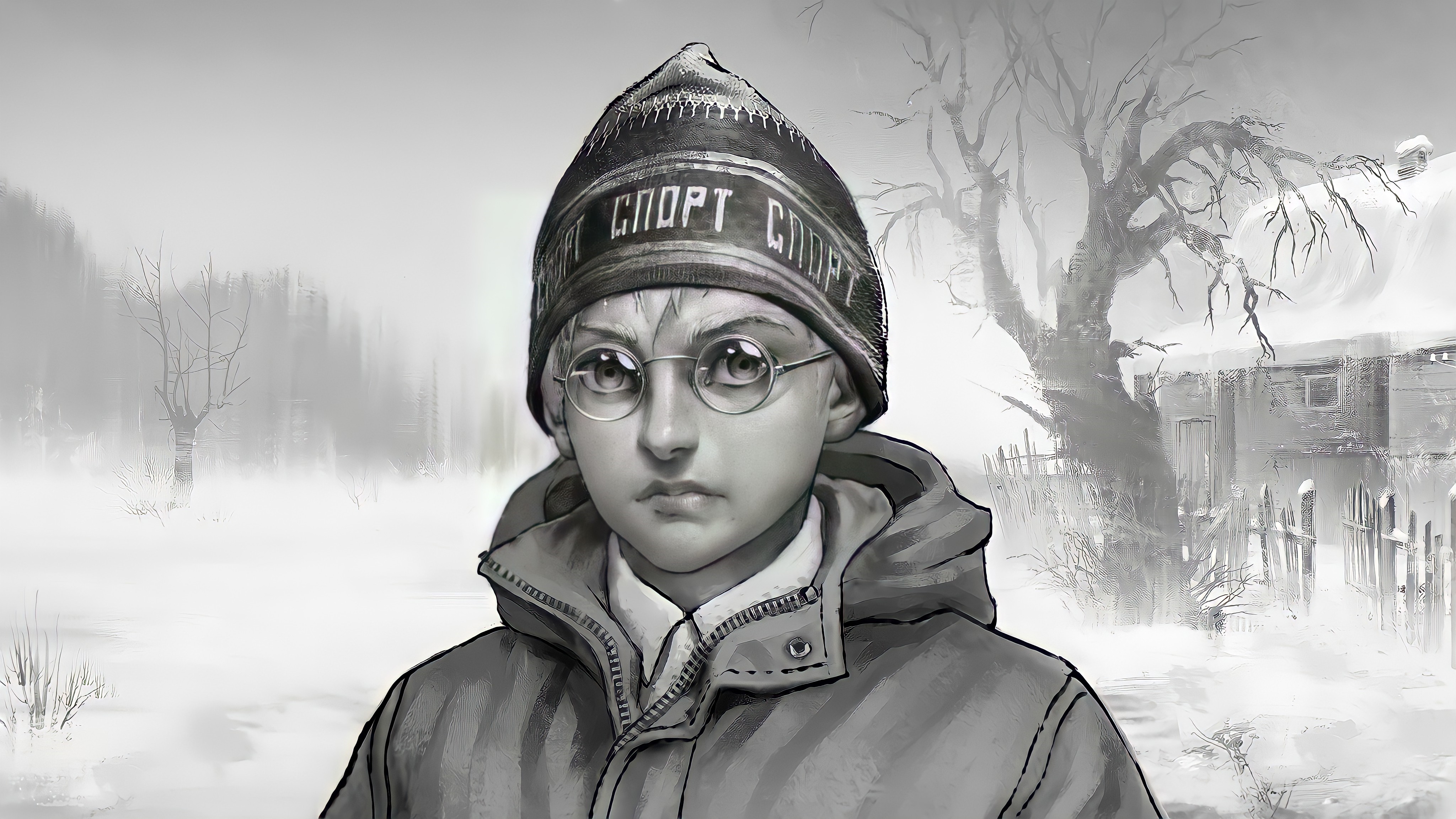 Boy in winter clothes and hat with 'SPORT' inscription HD Wallpaper