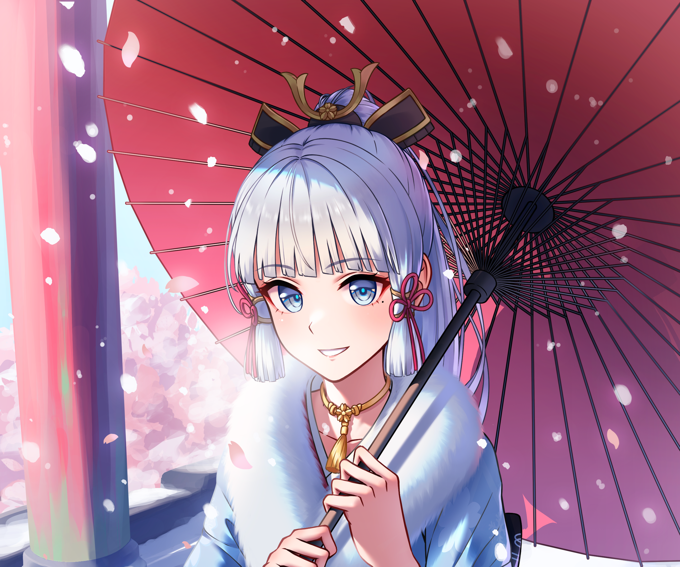 Kamisato Ayaka from Genshin Impact with umbrella HD Wallpaper