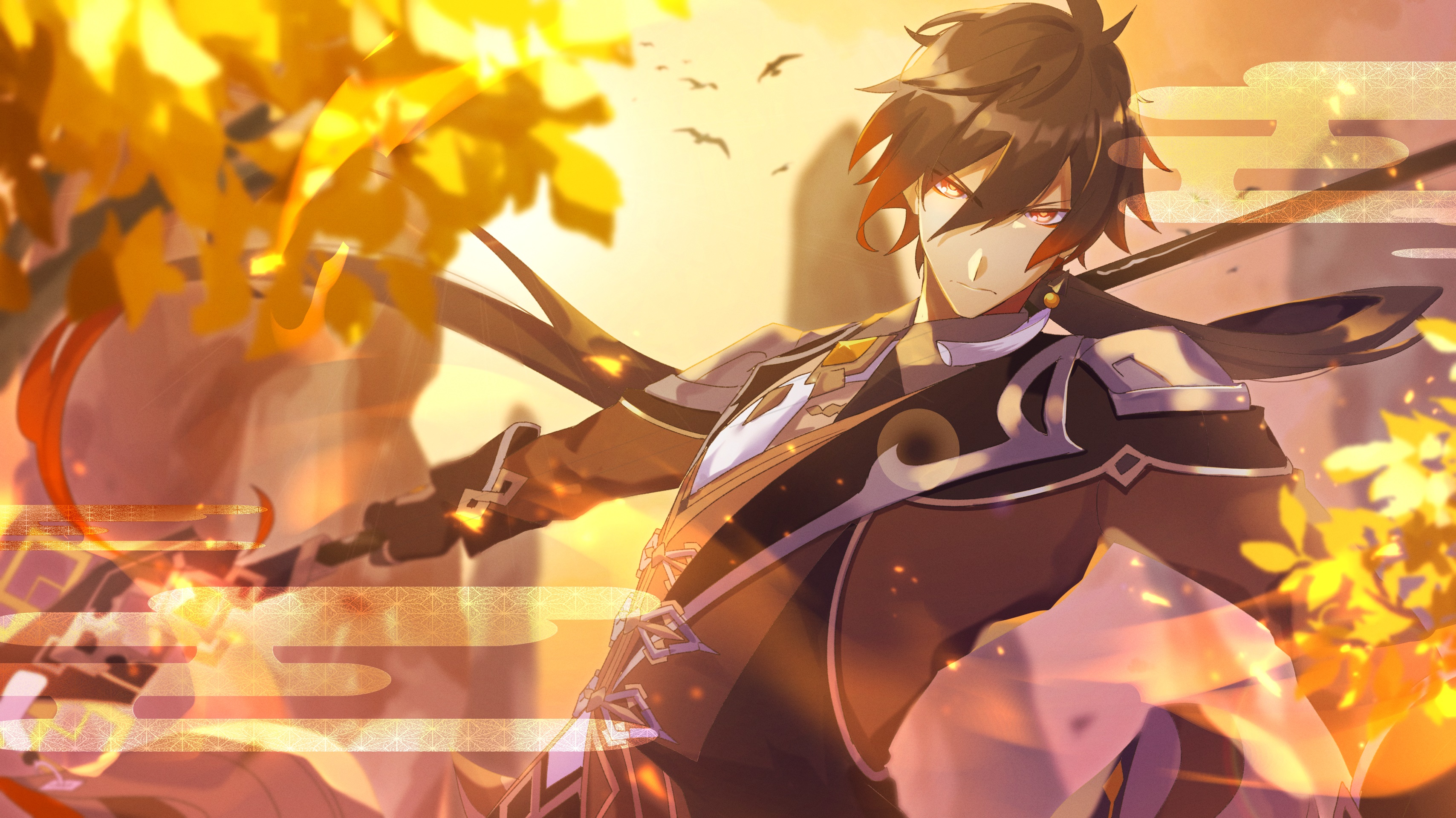Zhongli from Genshin Impact with sword and autumn leaves HD Wallpaper