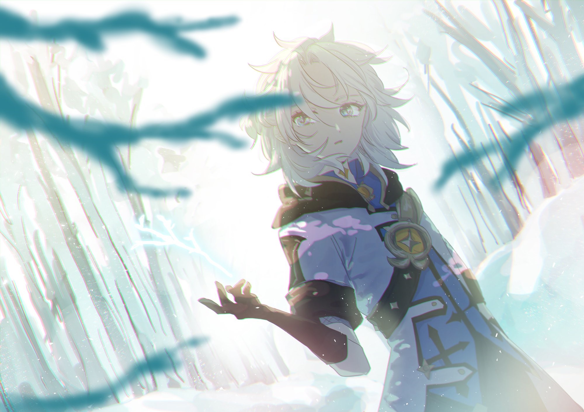 Albedo from Genshin Impact in a snowy forest HD Wallpaper
