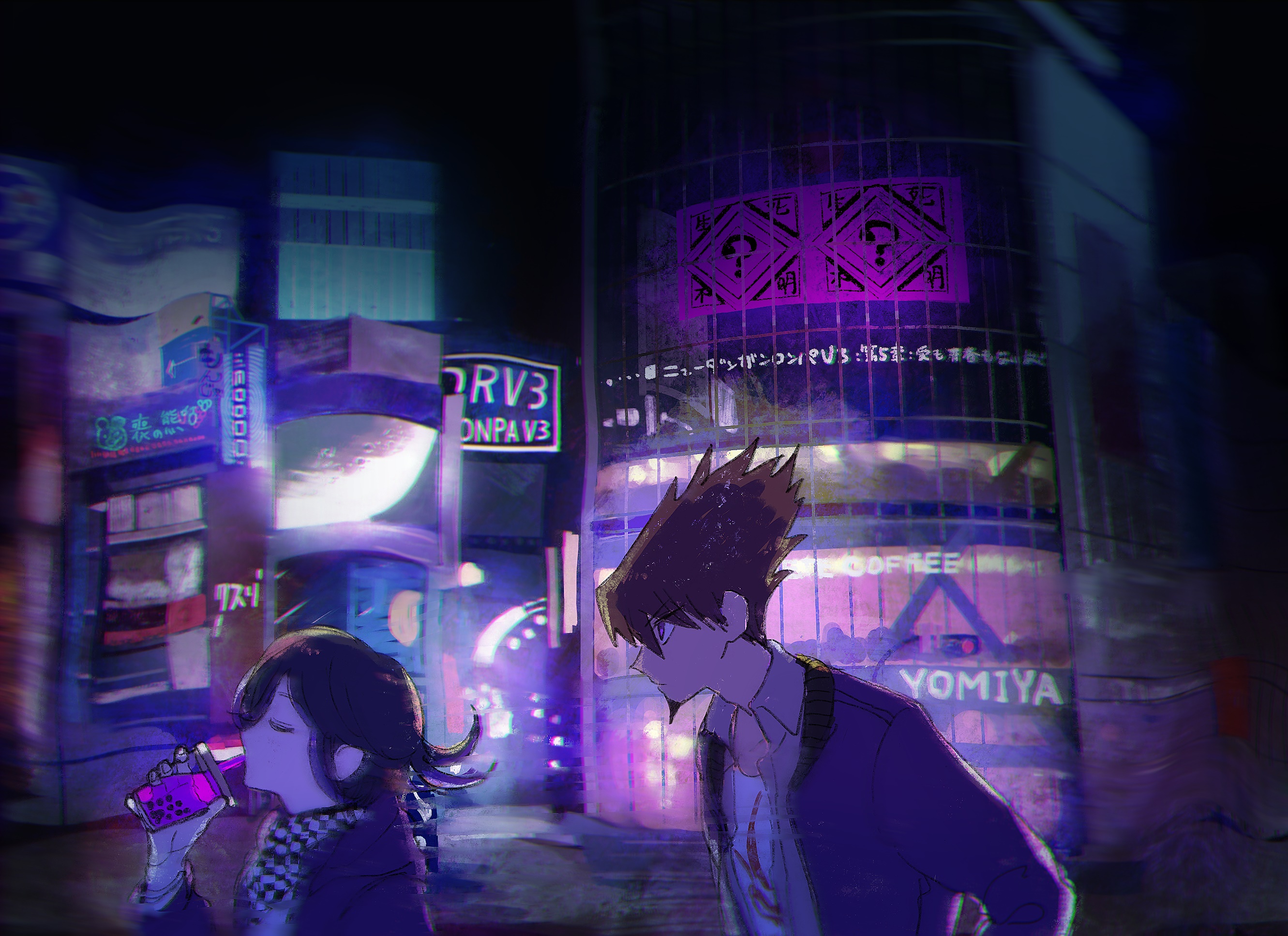 Kokichi Oma and Kaito Momota from Danganronpa V3 in a city at night HD Wallpaper