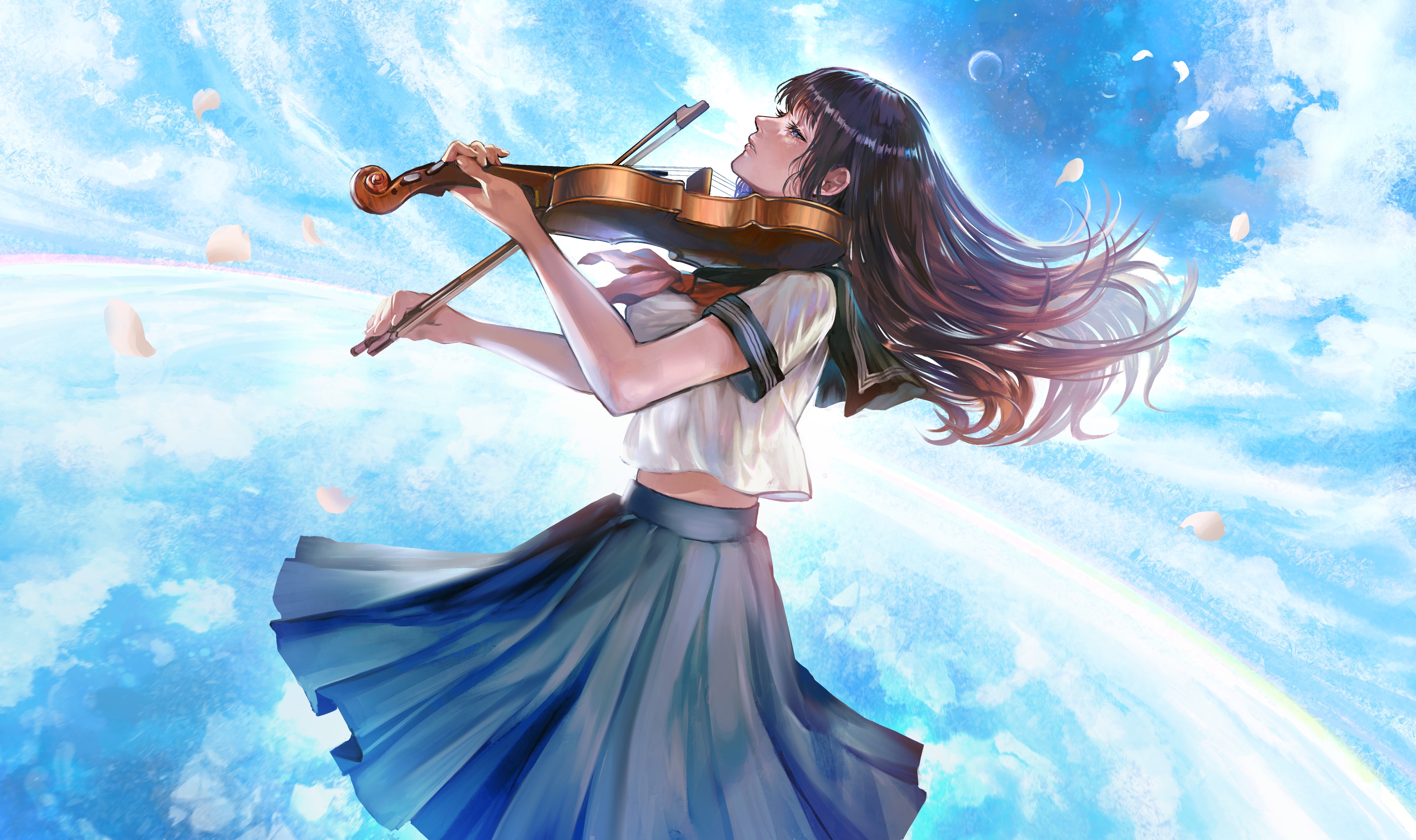 Girl in School Uniform Playing Violin in the Sky HD Wallpaper