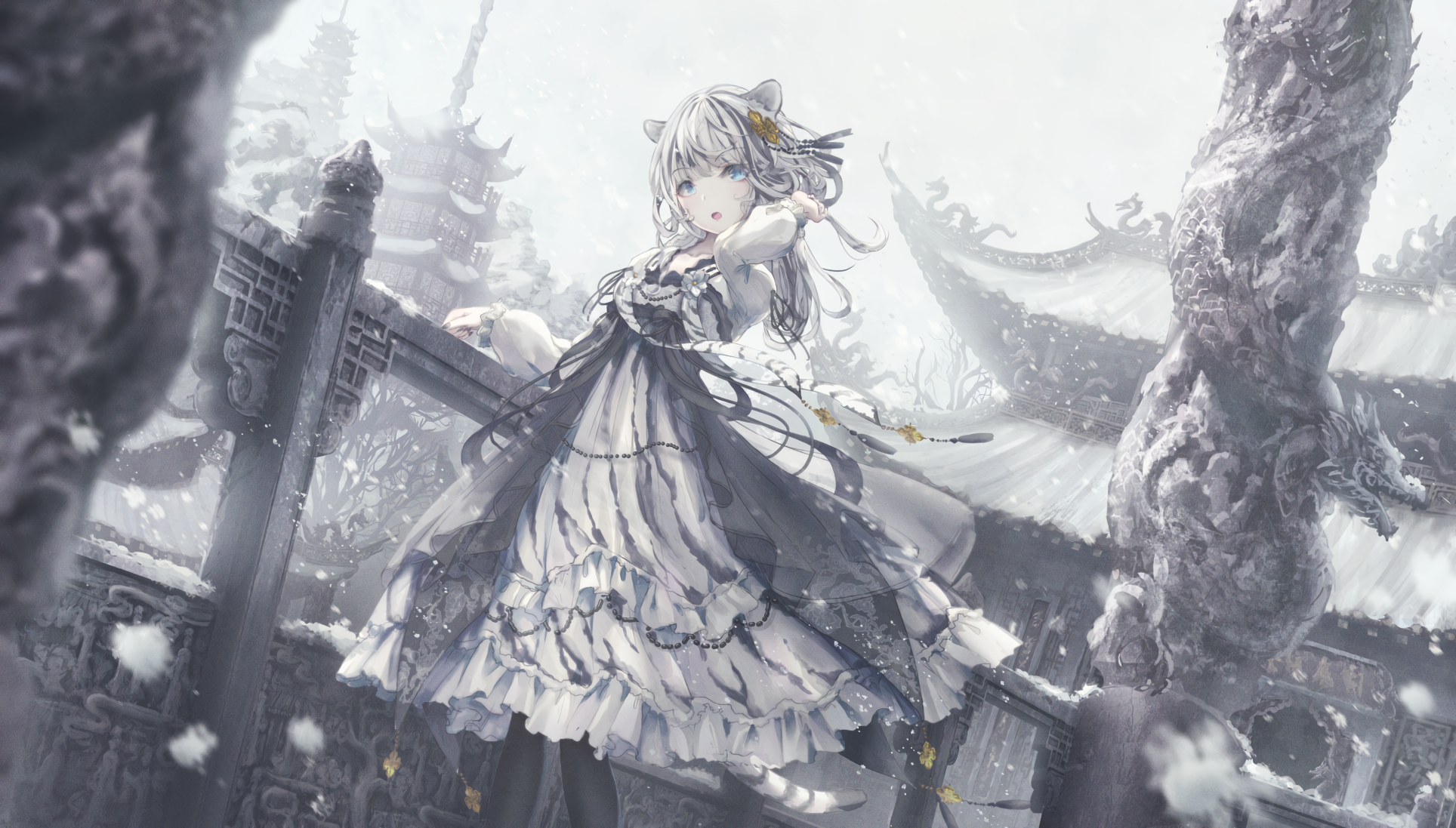 White Tiger Girl in Snowy Traditional Japanese Setting HD Wallpaper