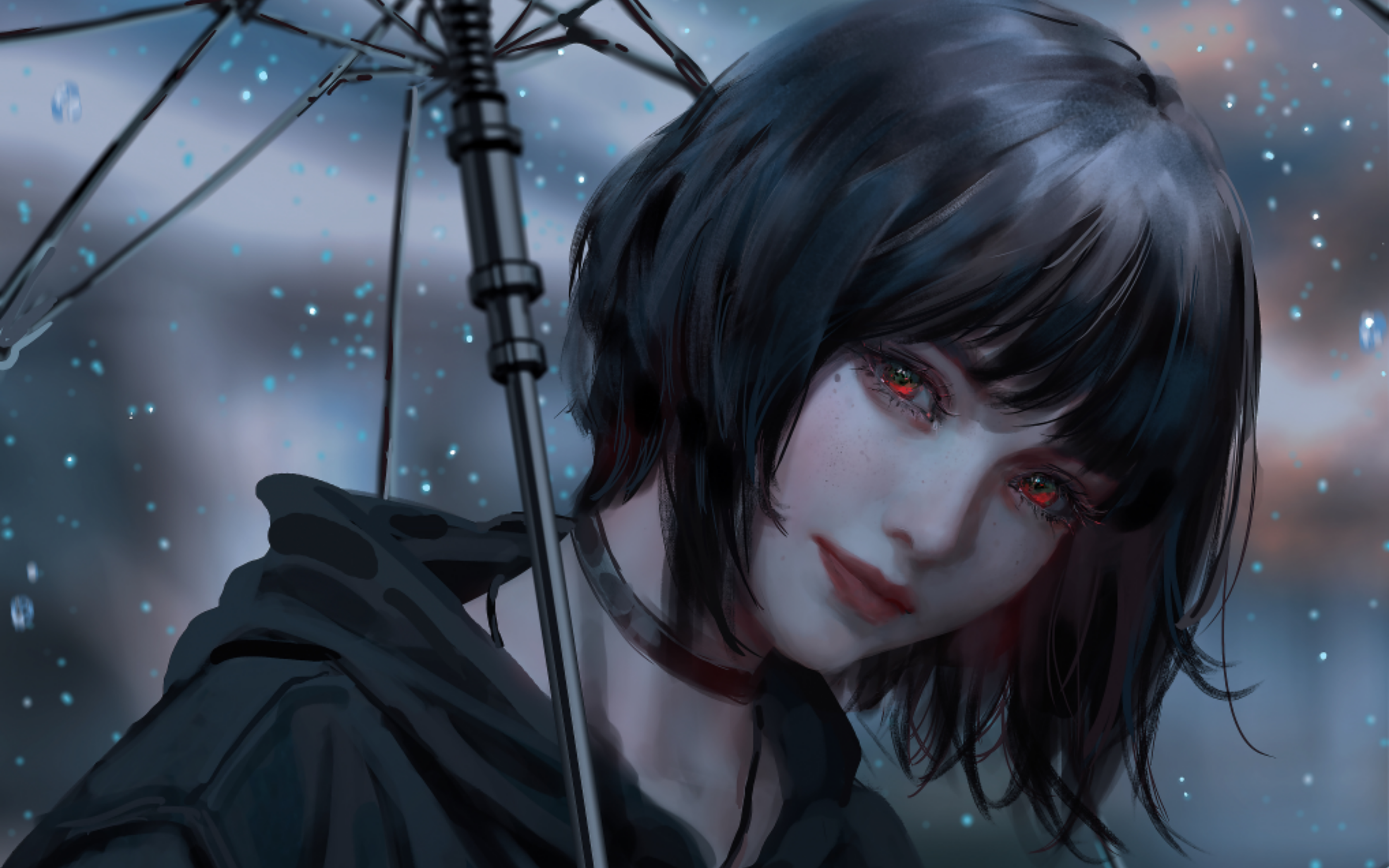 Girl with red eyes under an umbrella in the rain HD Wallpaper