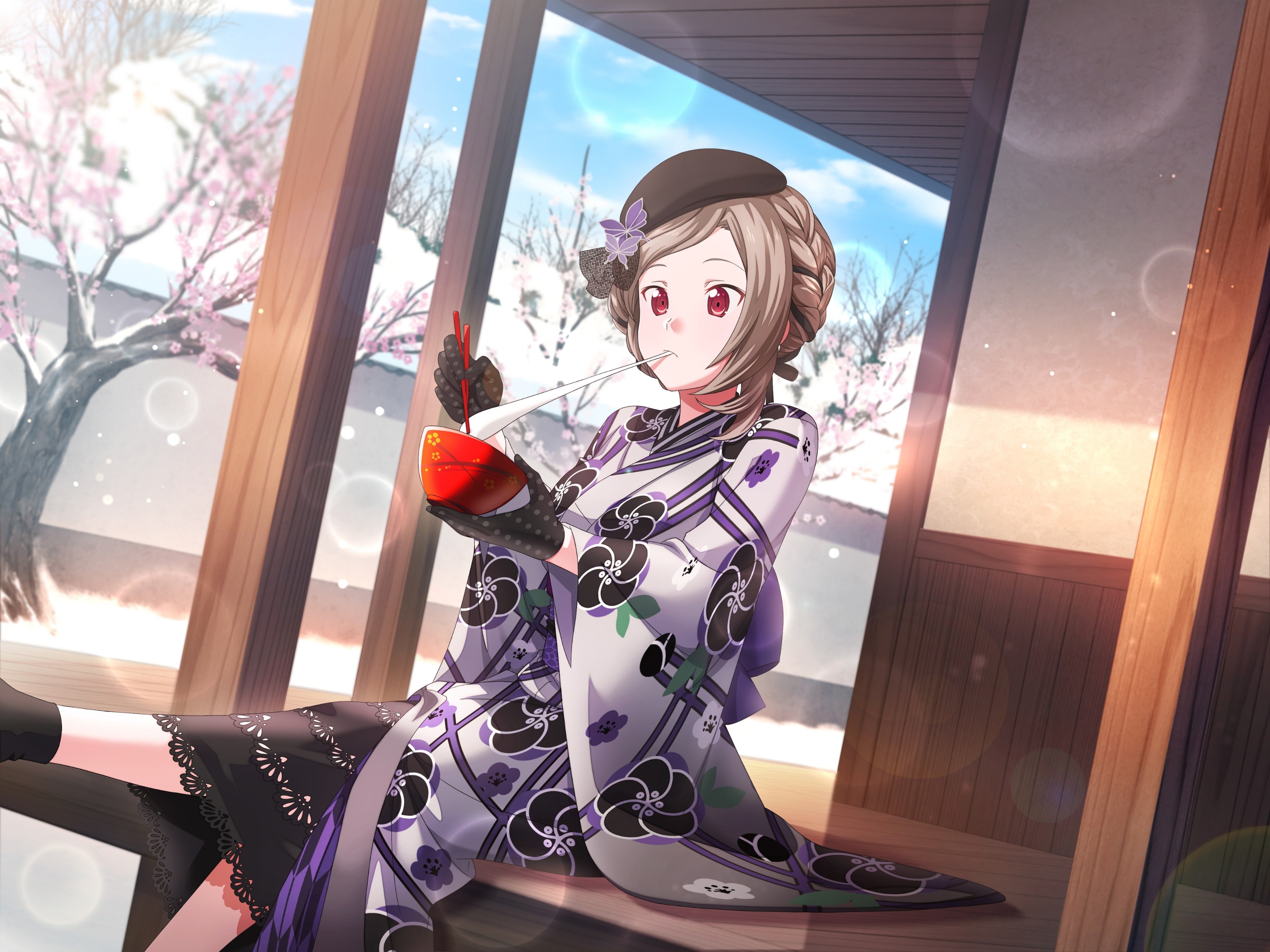 Girl in Kimono Eating with Chopsticks HD Wallpaper