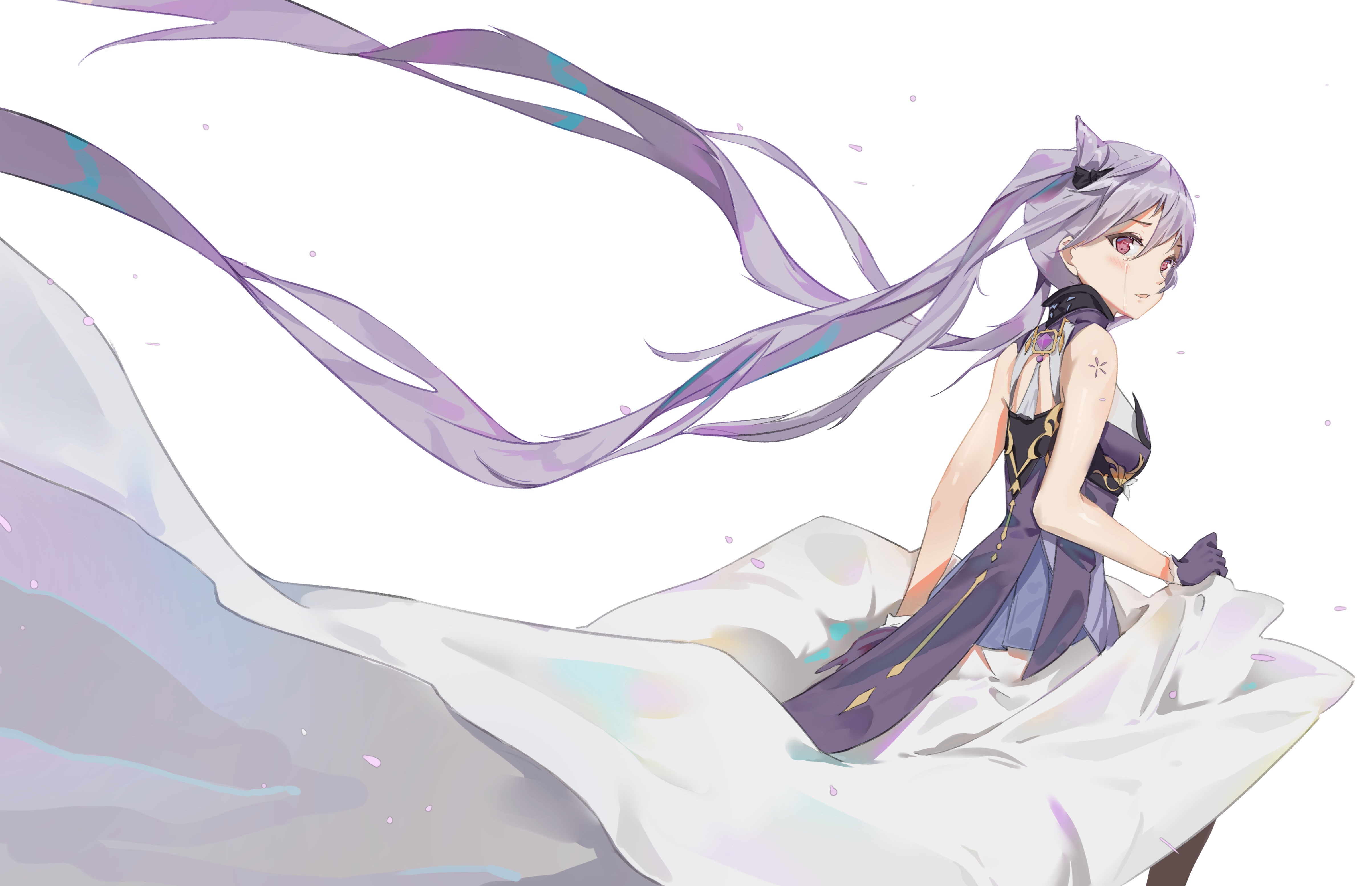 Keqing from Genshin Impact with flowing dress HD Wallpaper