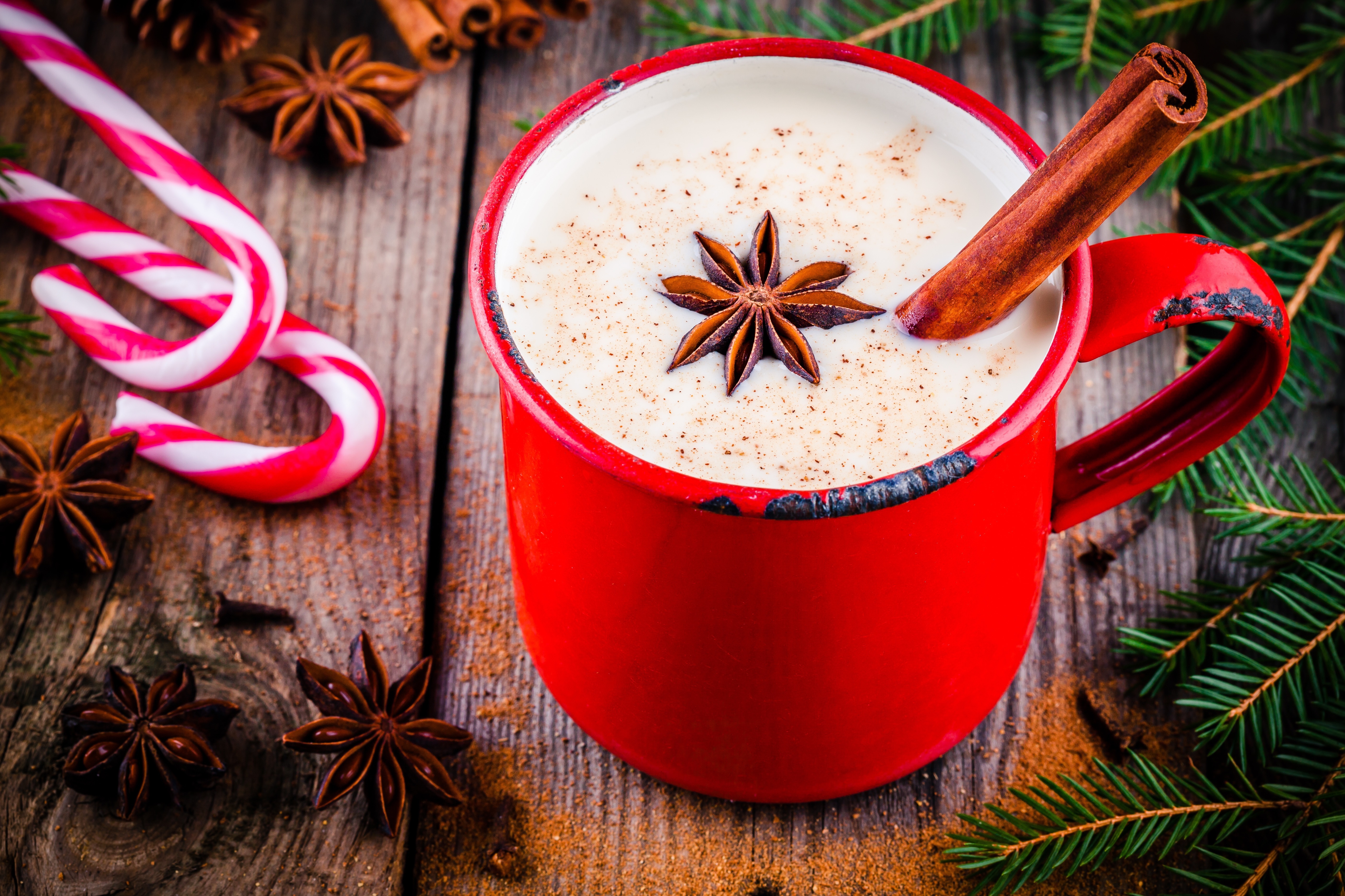 Hot Chocolate in a Red Mug with Christmas Decorations HD Wallpaper