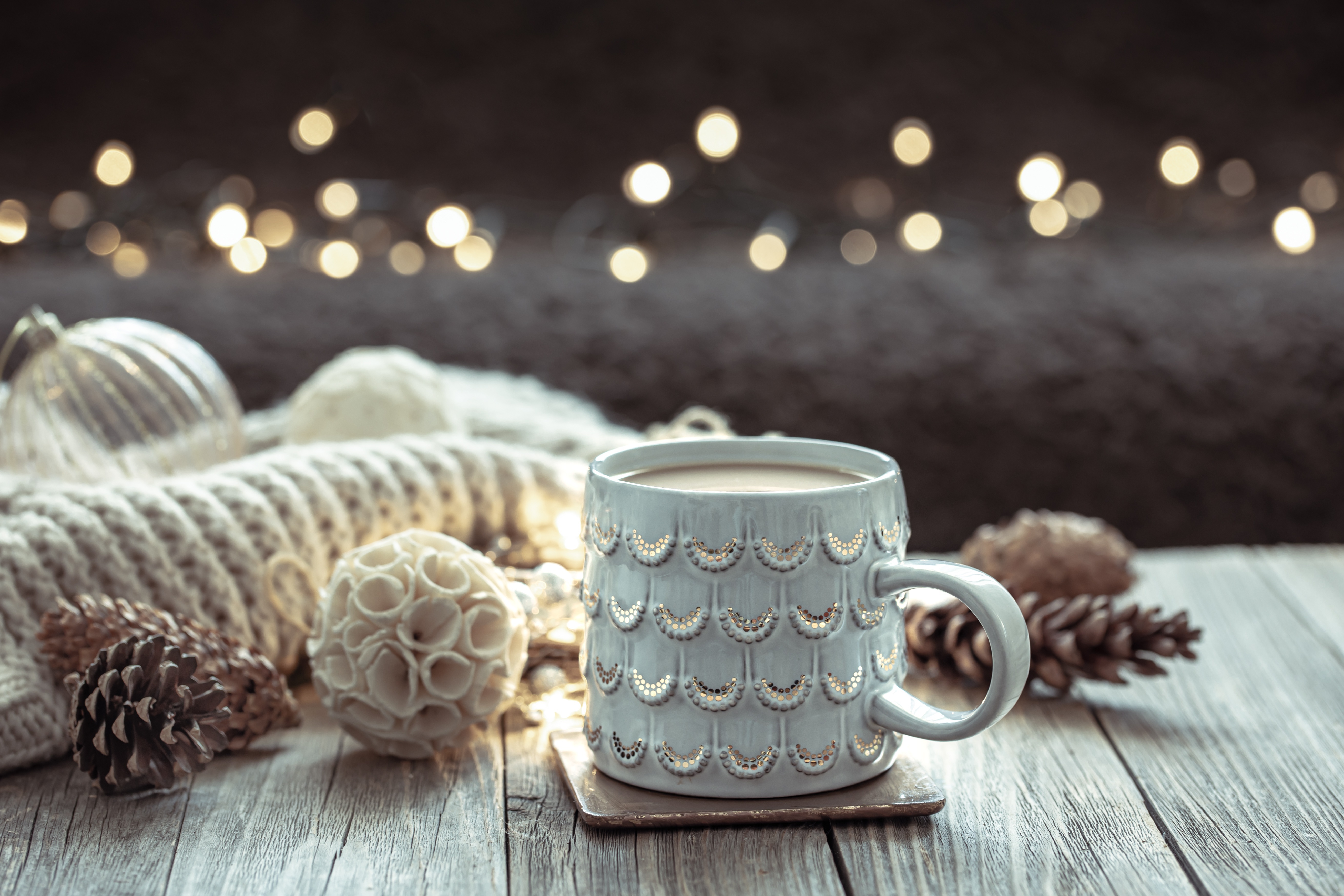 Hot Chocolate in a Decorative Cup with Christmas Decorations HD Wallpaper