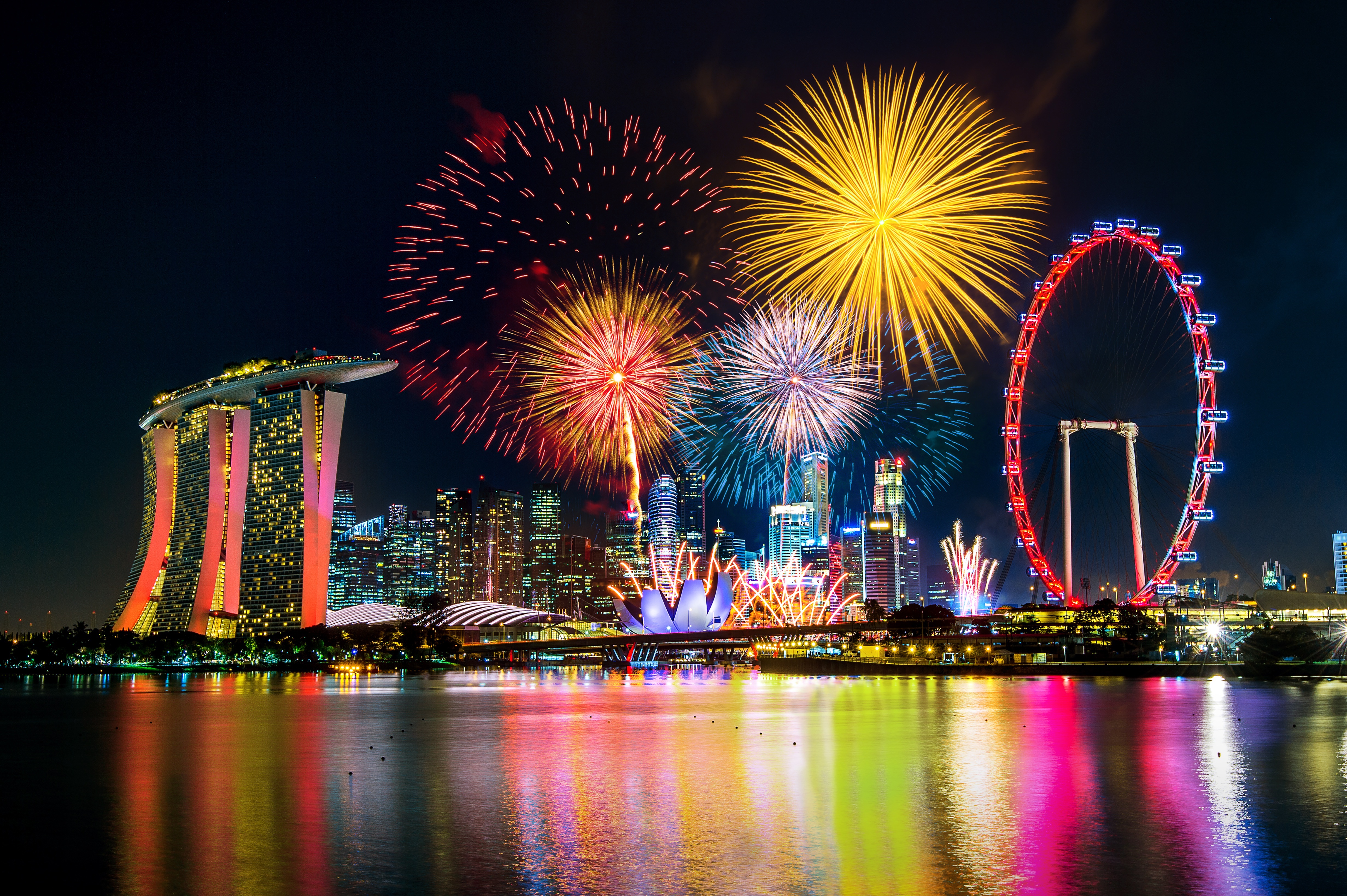 Fireworks over Marina Bay Sands, Singapore HD Wallpaper