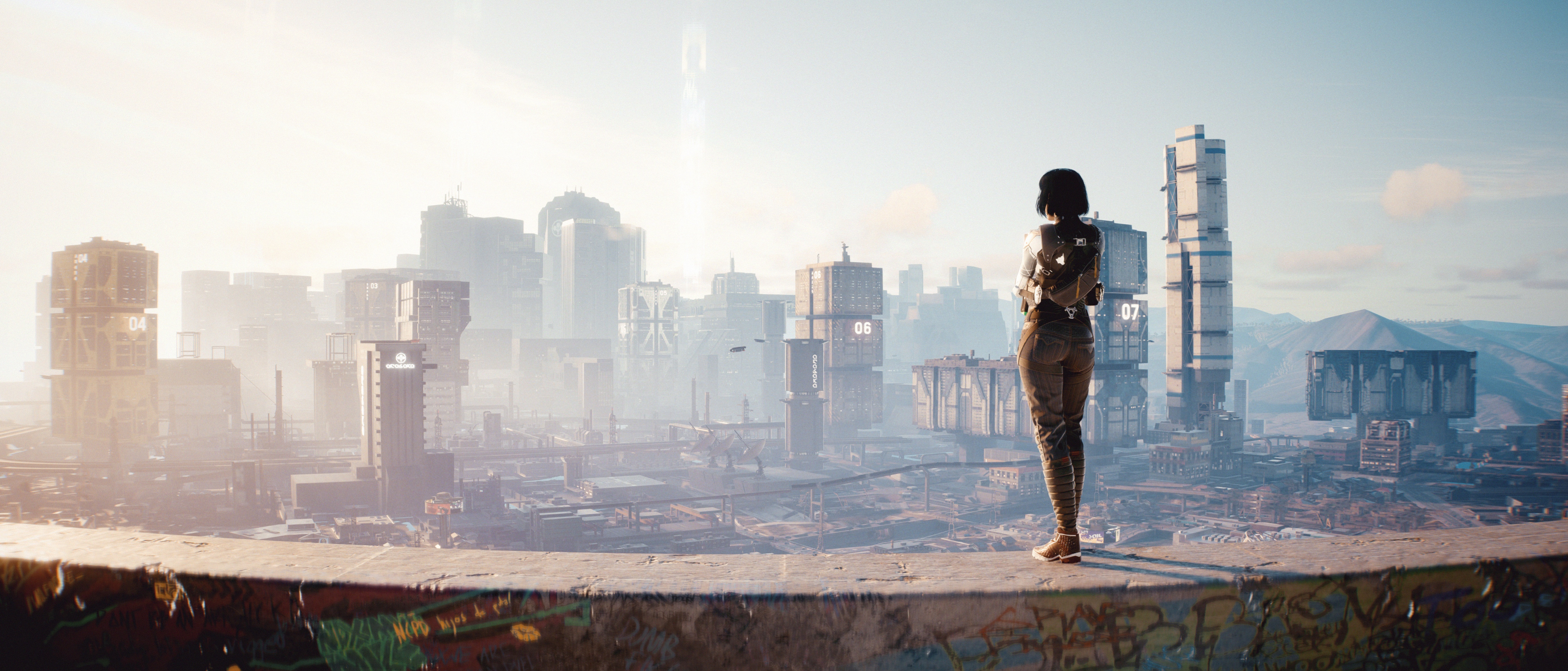 Woman overlooking Night City from Cyberpunk 2077 4K HD Wallpaper
