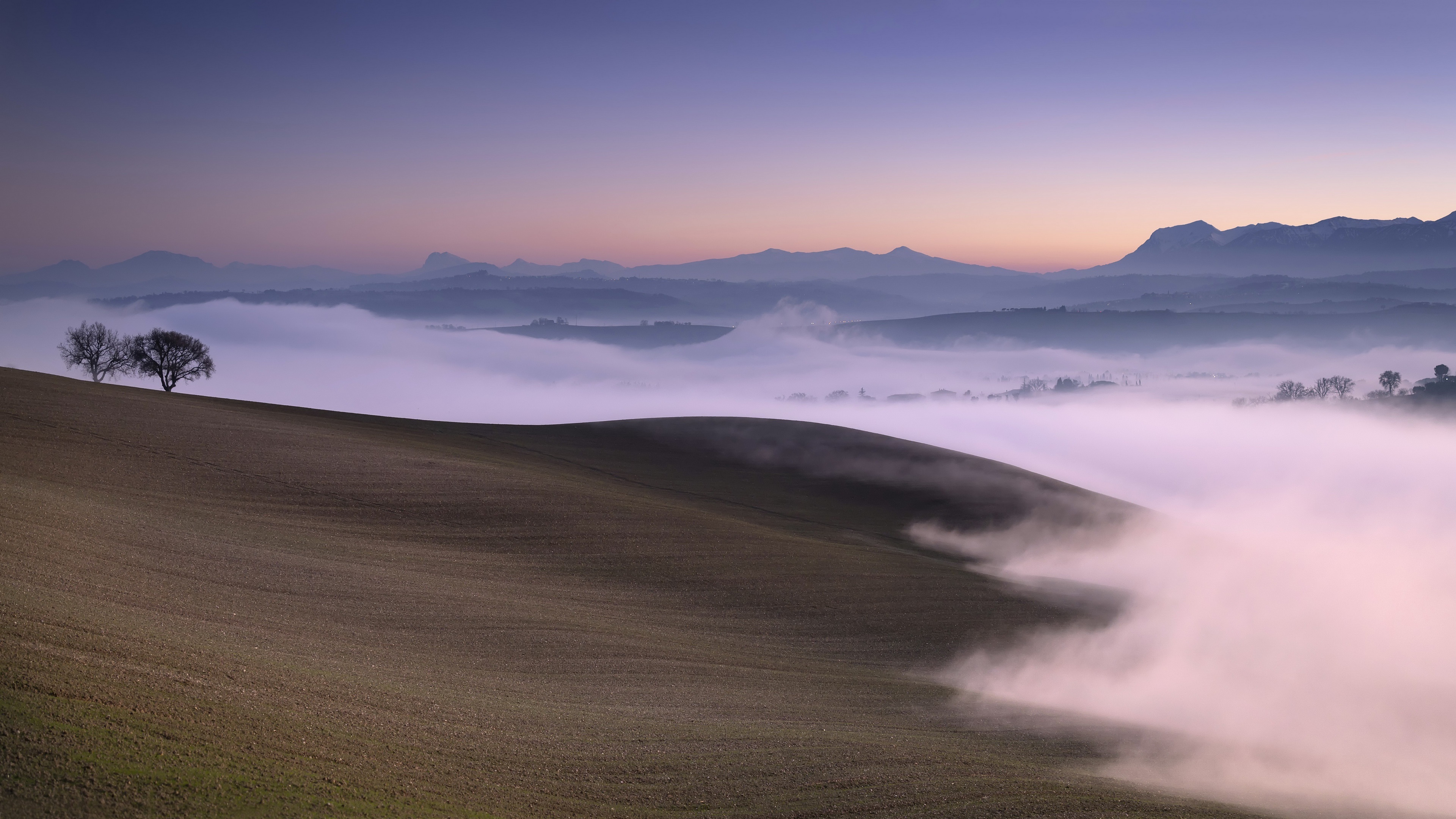 Foggy Hills and Mountains at Sunrise HD Wallpaper