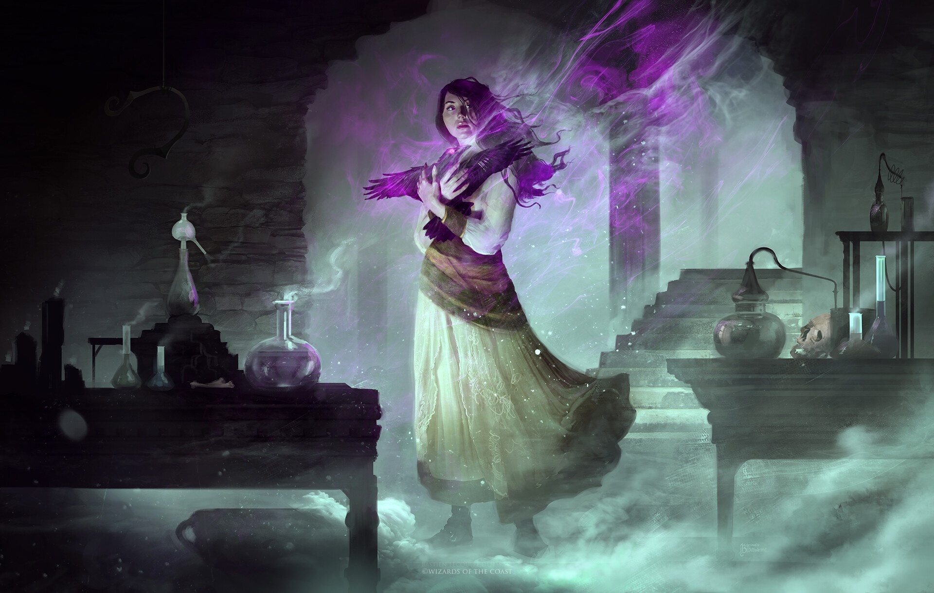 Fantasy Witch with Raven in Alchemist's Lab HD Wallpaper