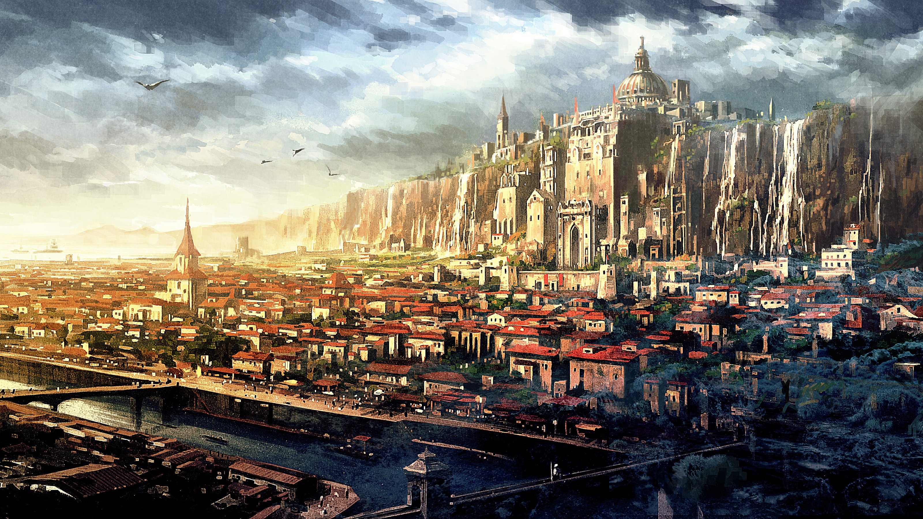 Fantasy Cityscape with Waterfalls and Castle HD Wallpaper
