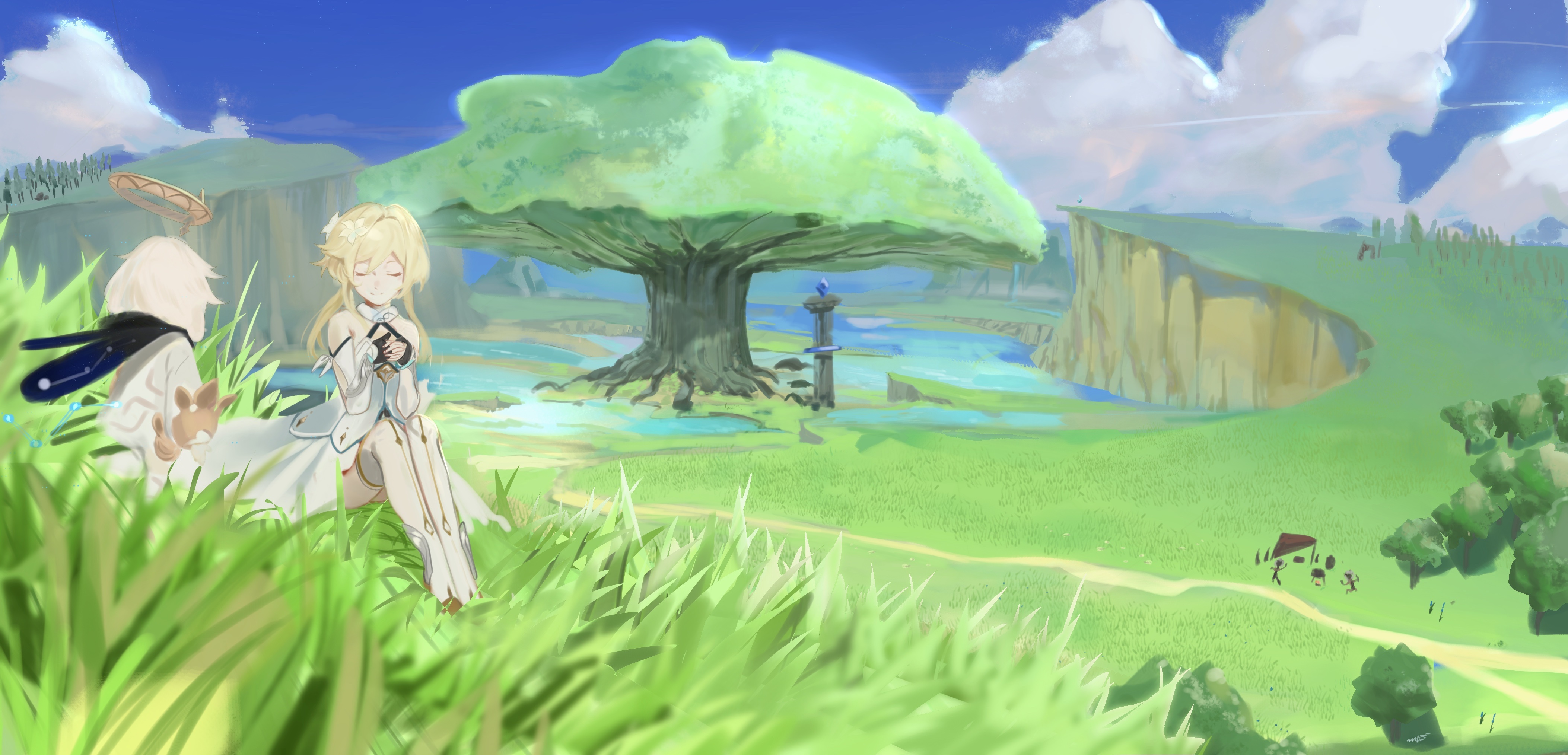 Lumine and Paimon from Genshin Impact in a meadow HD Wallpaper
