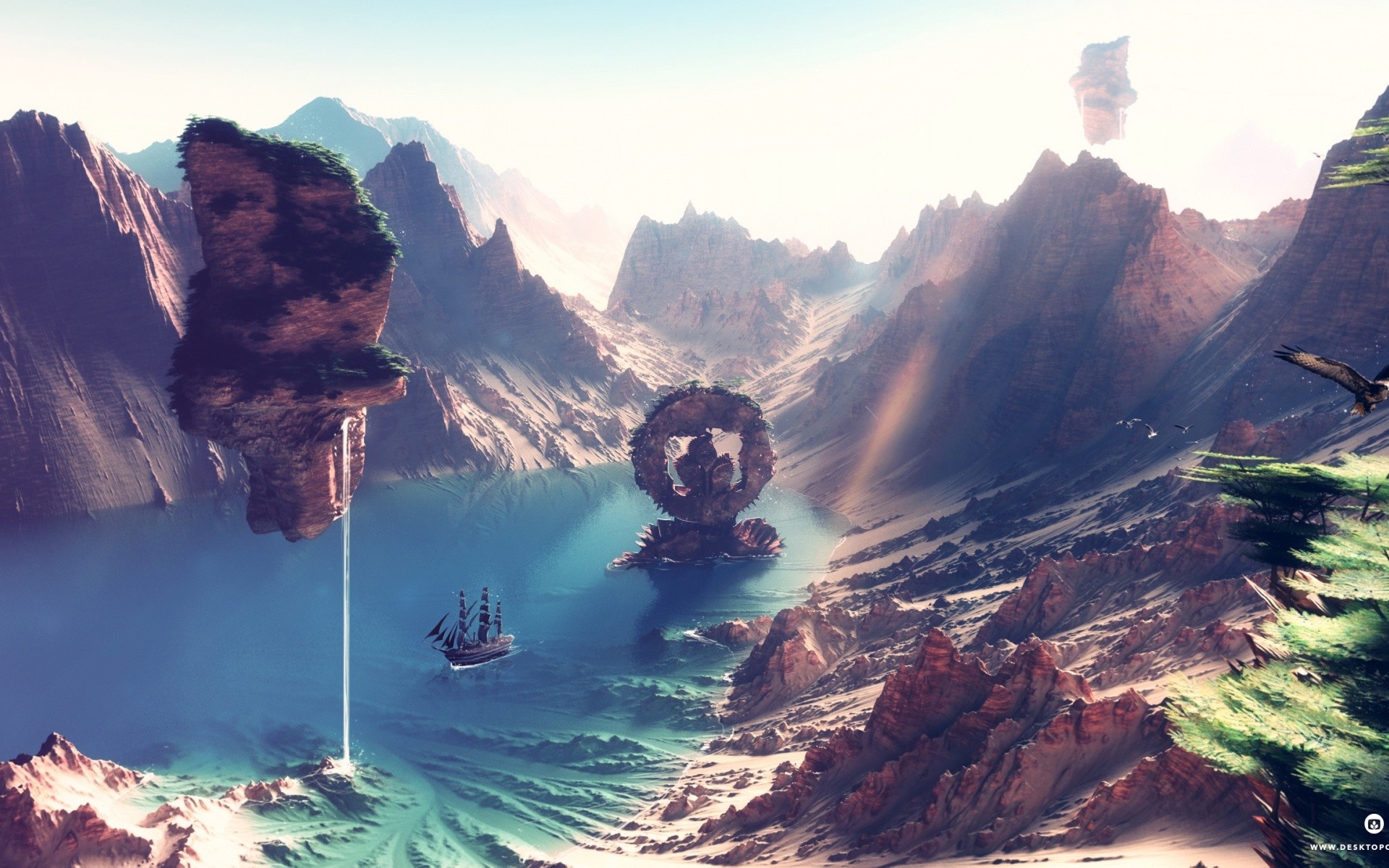 Fantastic World with Floating Islands and Ship HD Wallpaper