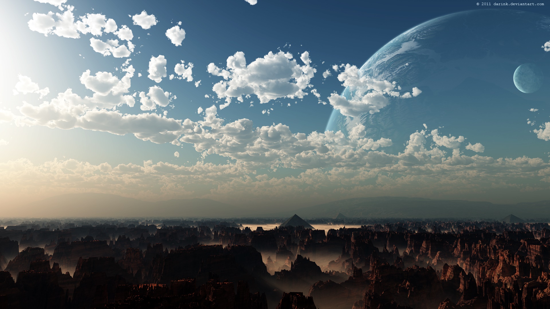 Cosmic landscape with planets and clouds HD Wallpaper