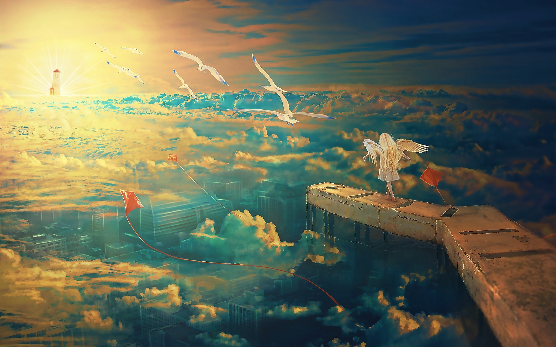 Angel flying over a city in the clouds HD Wallpaper