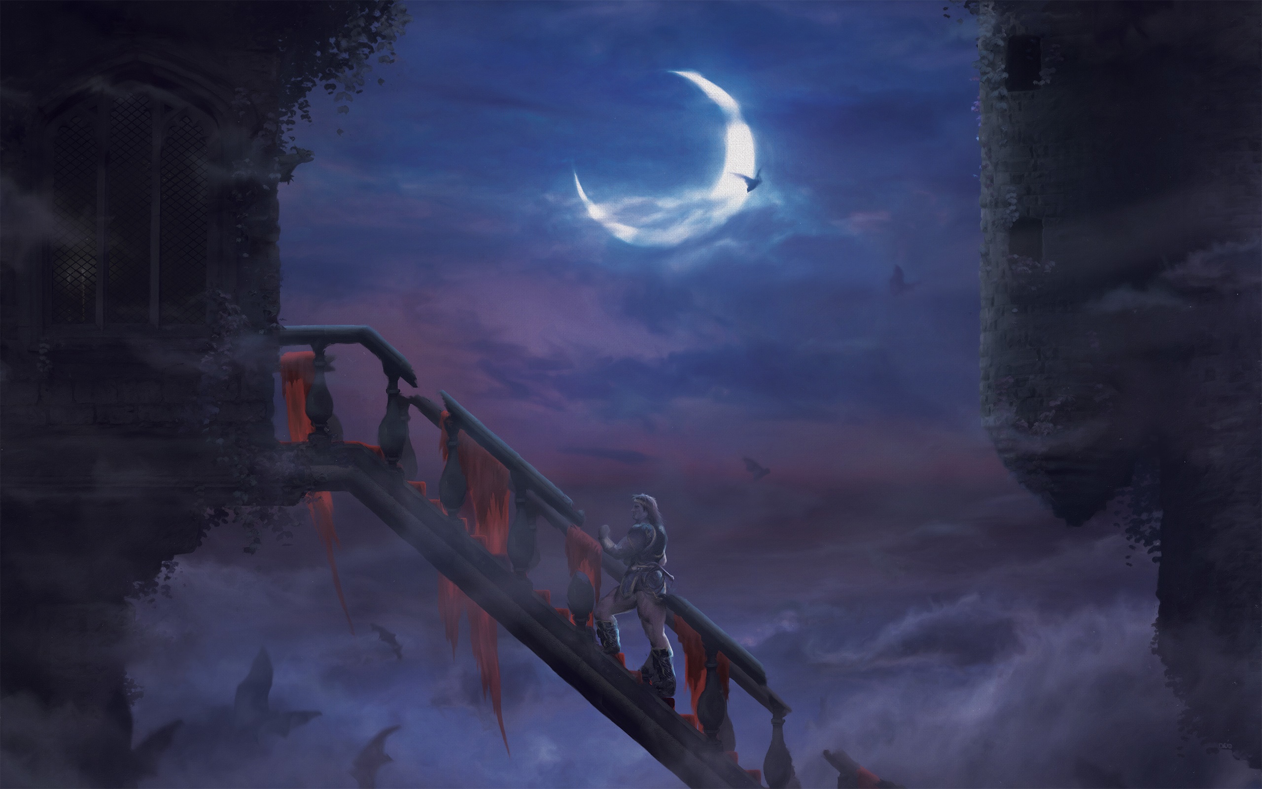 Man on stairs under crescent moon HD Wallpaper