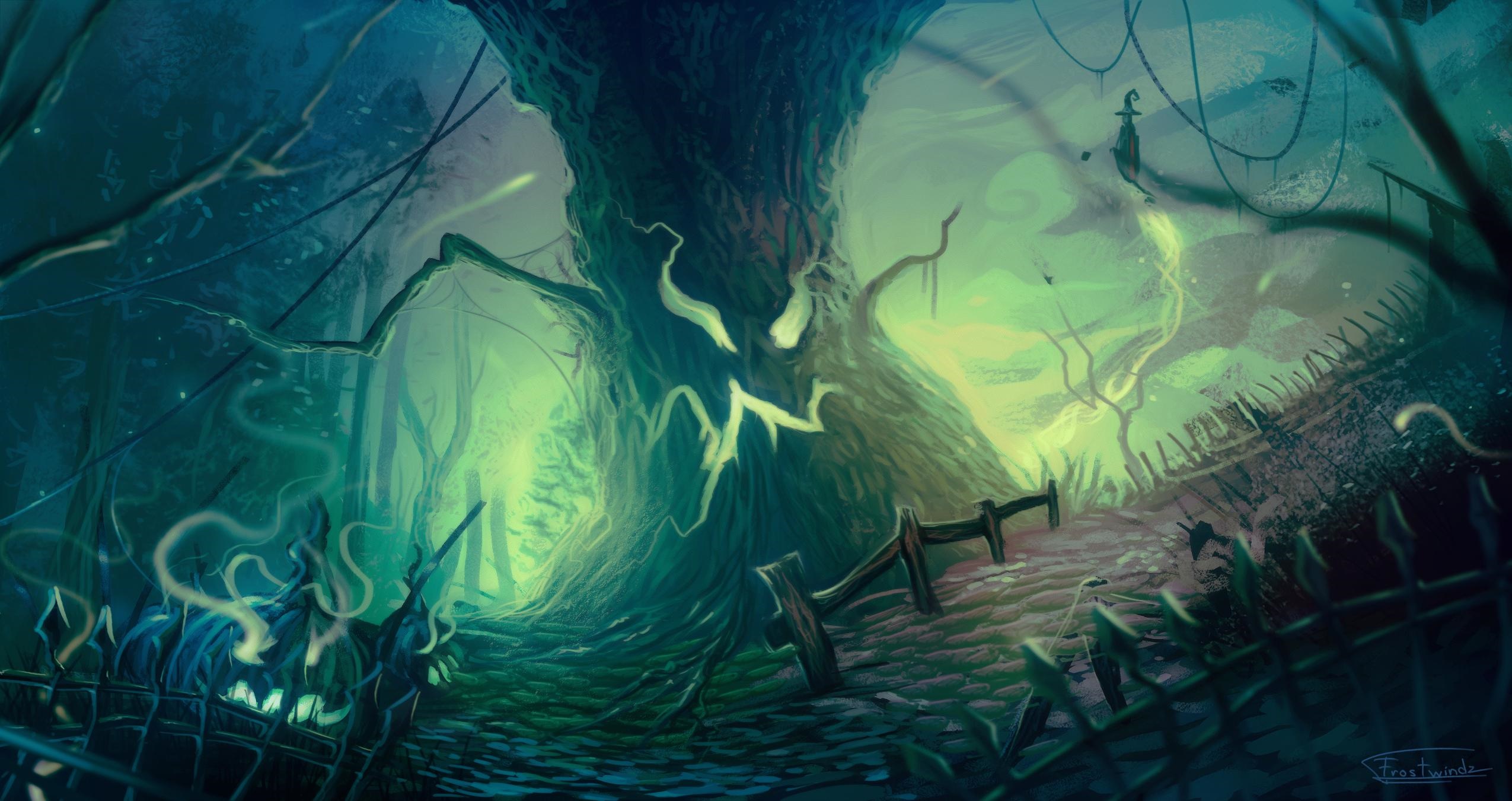 Haunted forest with a spooky tree and a witch HD Wallpaper