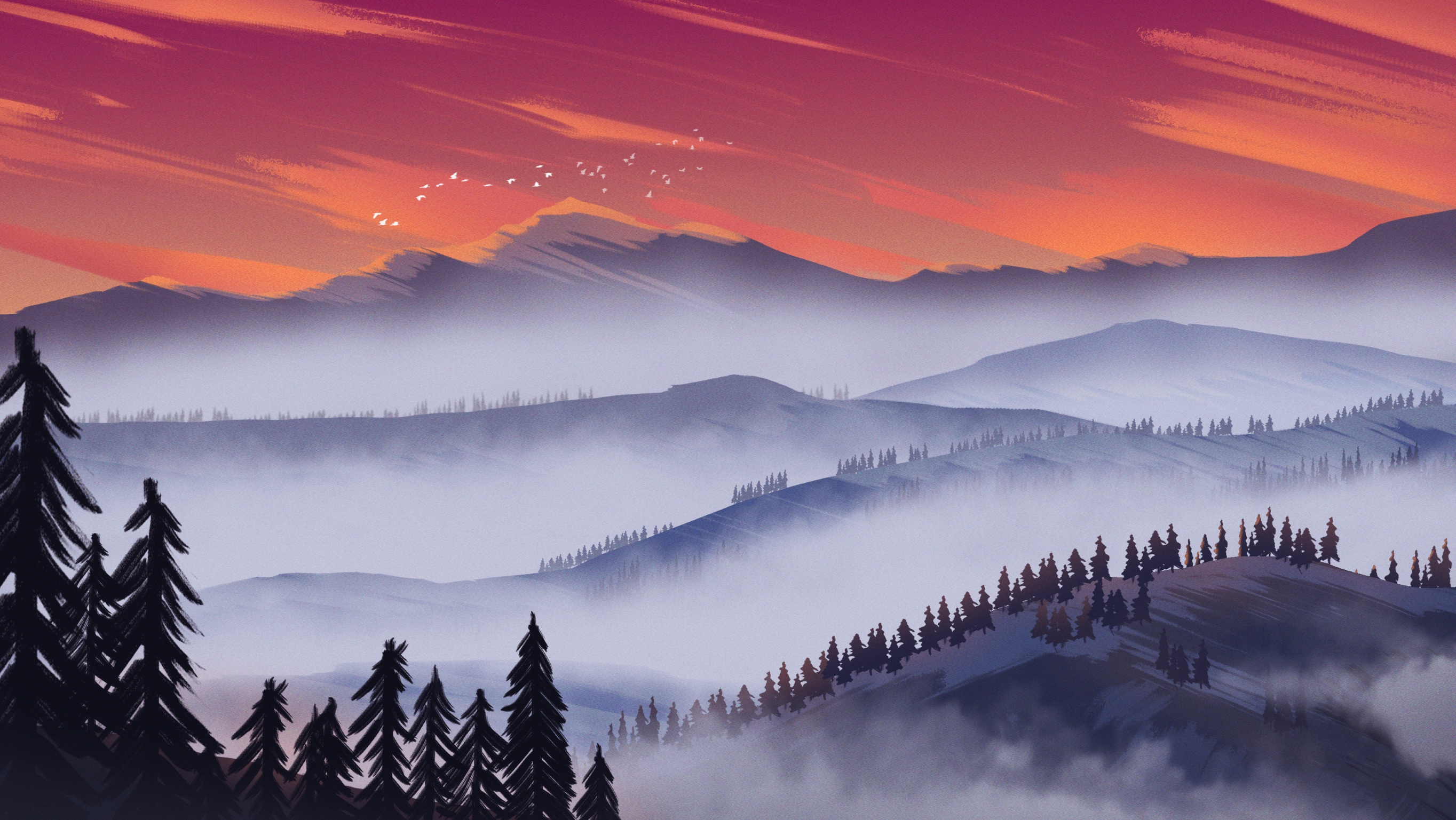 Artistic landscape with mountains and mist HD Wallpaper
