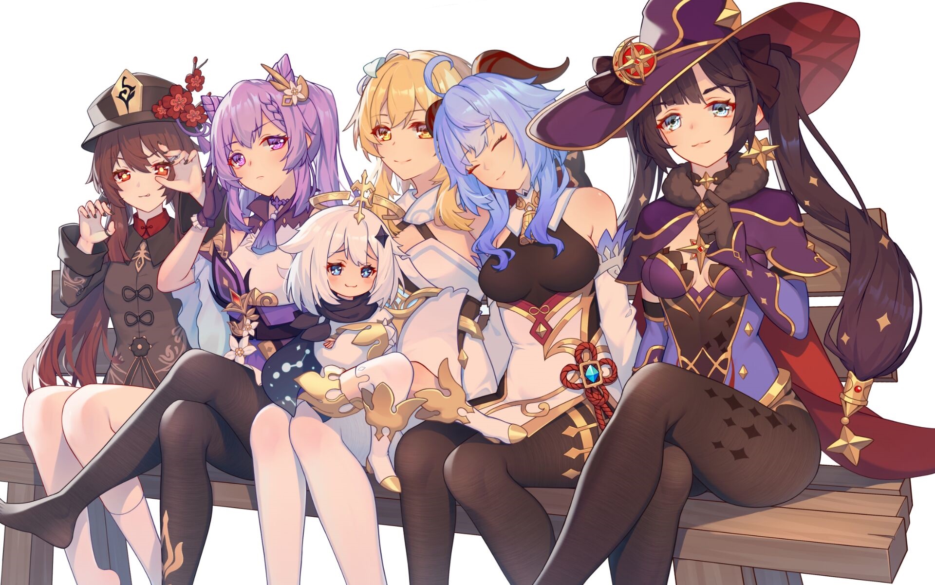 Hu Tao, Keqing, Paimon, Lumine, Ganyu, and Mona from Genshin Impact HD Wallpaper