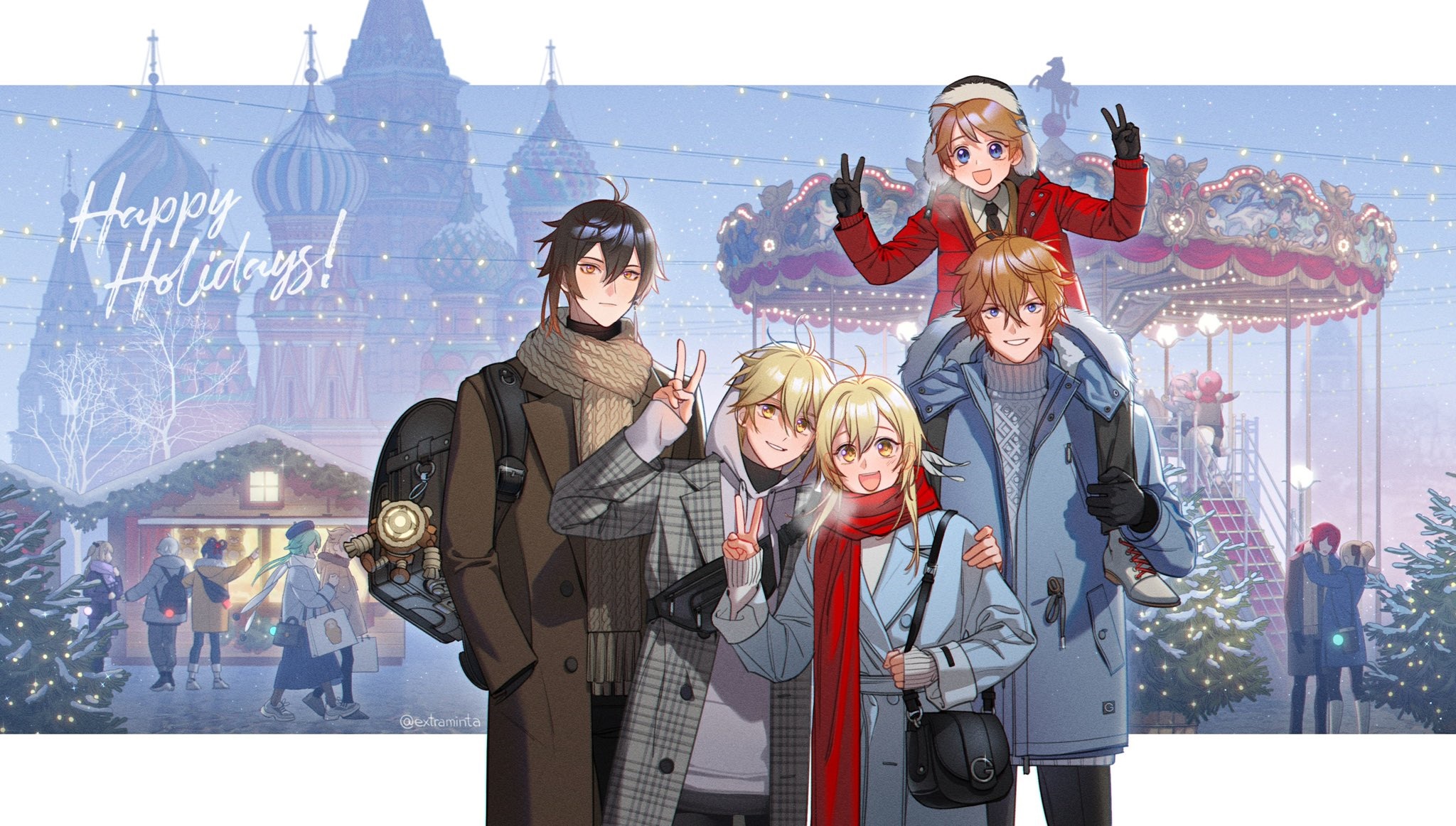 Genshin Impact characters at a holiday market HD Wallpaper