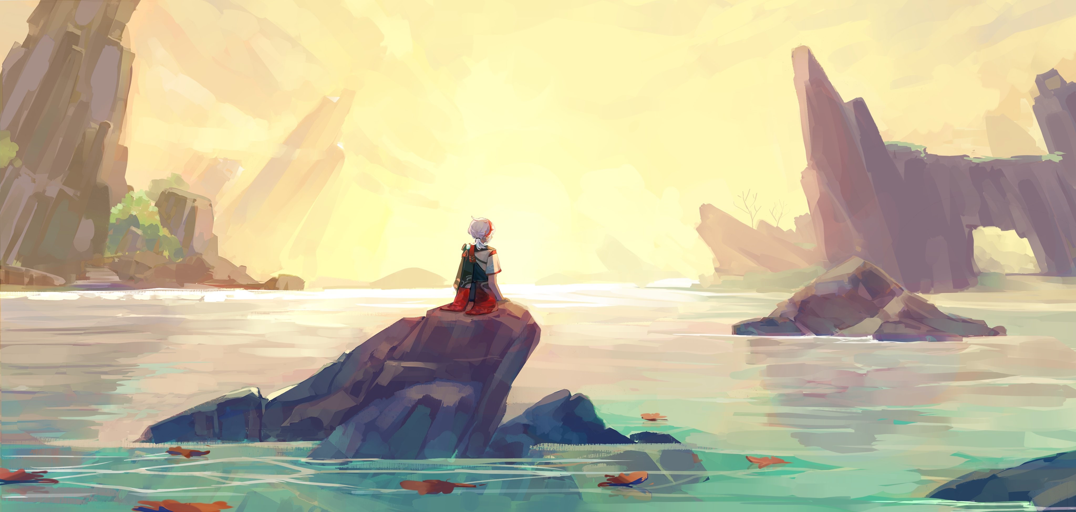 Kaedehara Kazuha from Genshin Impact sitting on a rock HD Wallpaper