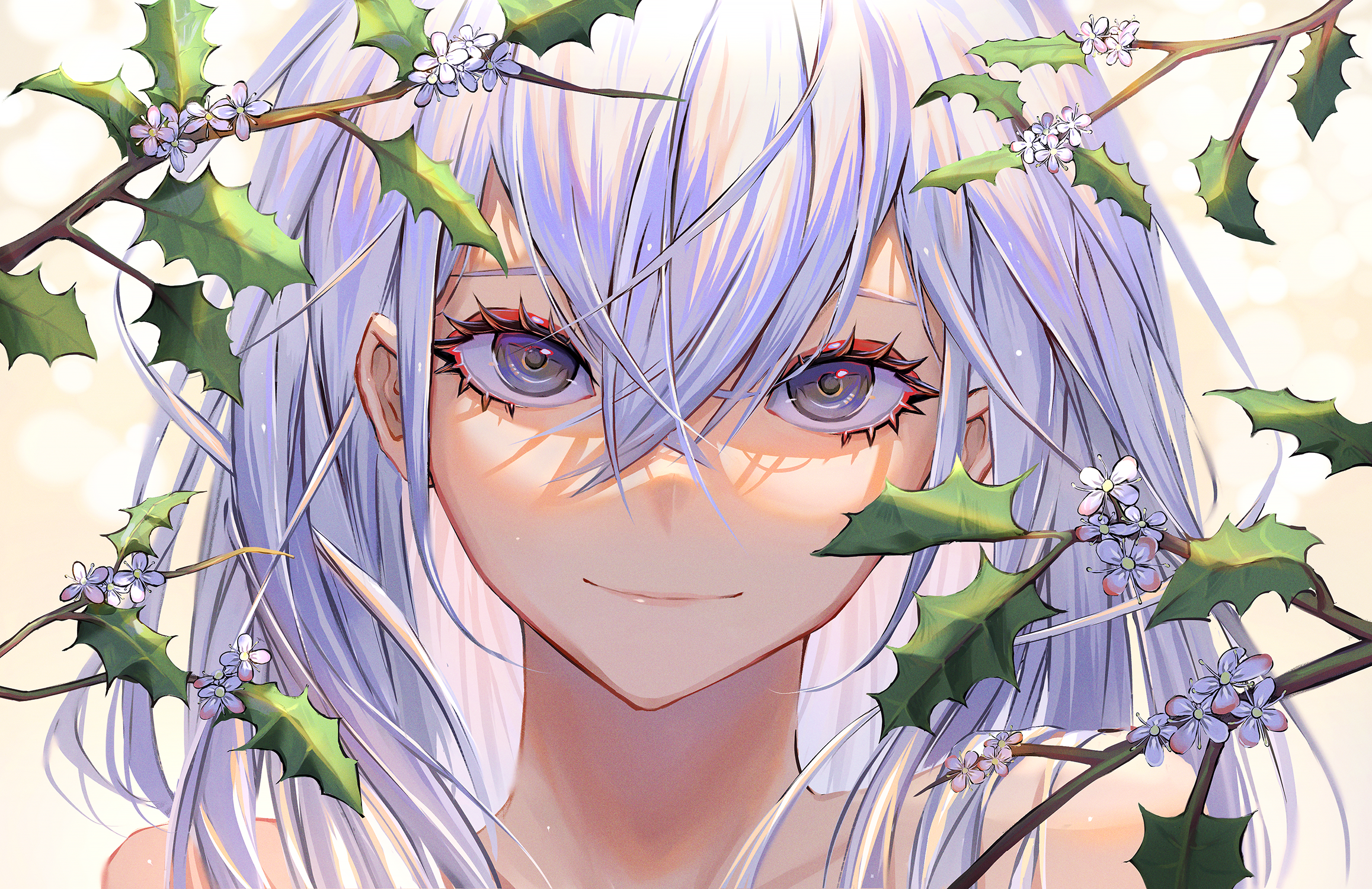 Anime girl with white hair and holly branches HD Wallpaper