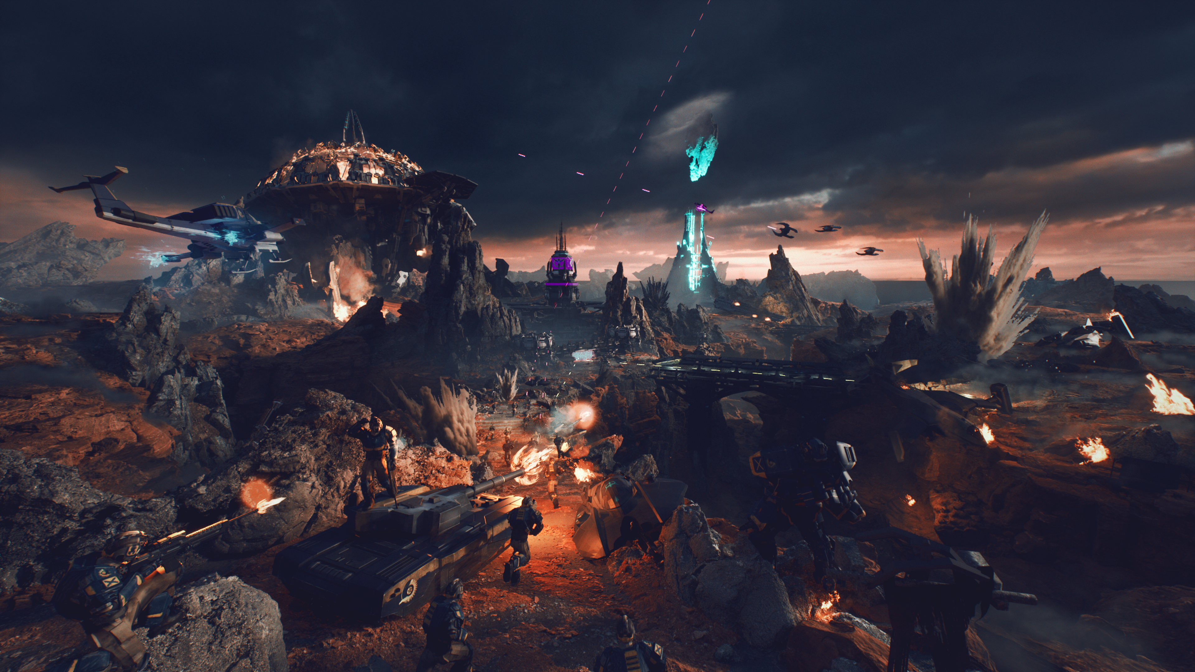 Planetside 2 battle scene with futuristic vehicles and explosions HD Wallpaper