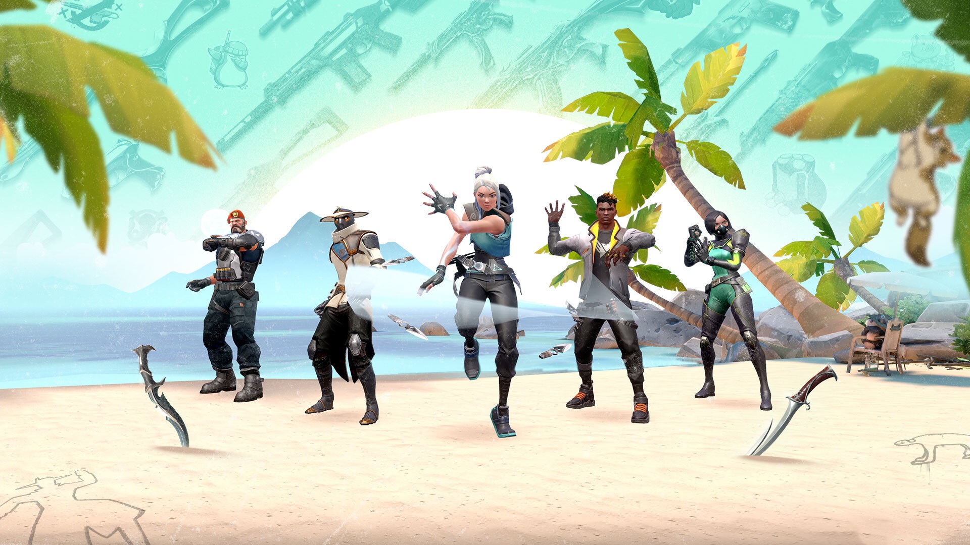 Valorant Characters on a Tropical Beach HD Wallpaper