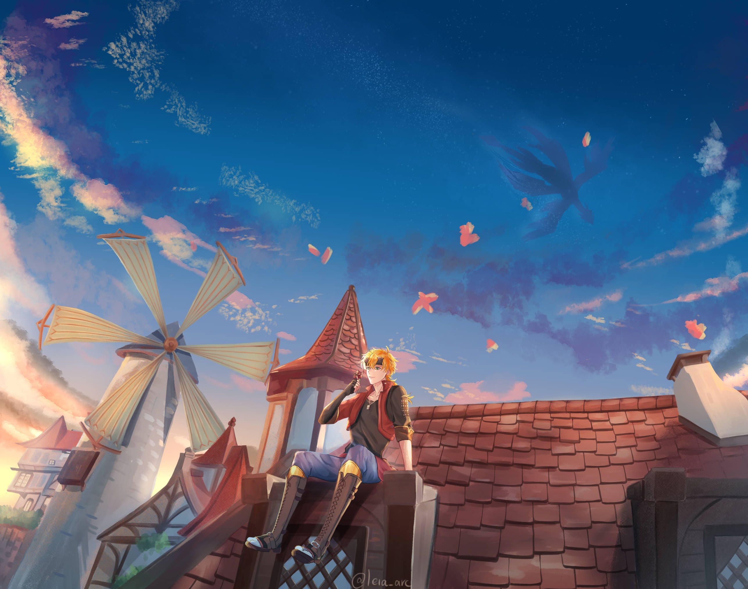 Thoma from Genshin Impact sitting on a rooftop HD Wallpaper