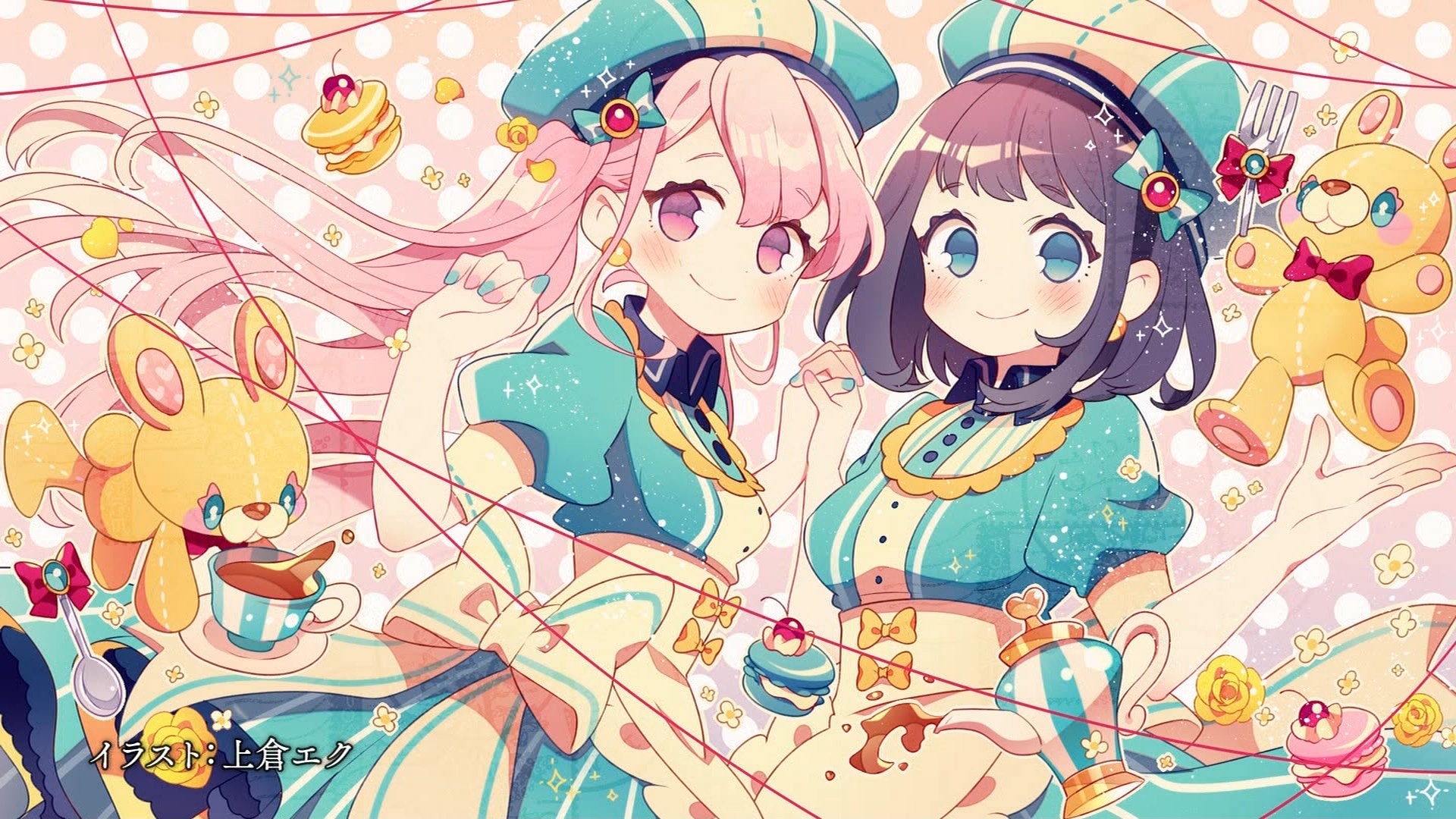 Anime girls with teddy bears and sweets HD Wallpaper