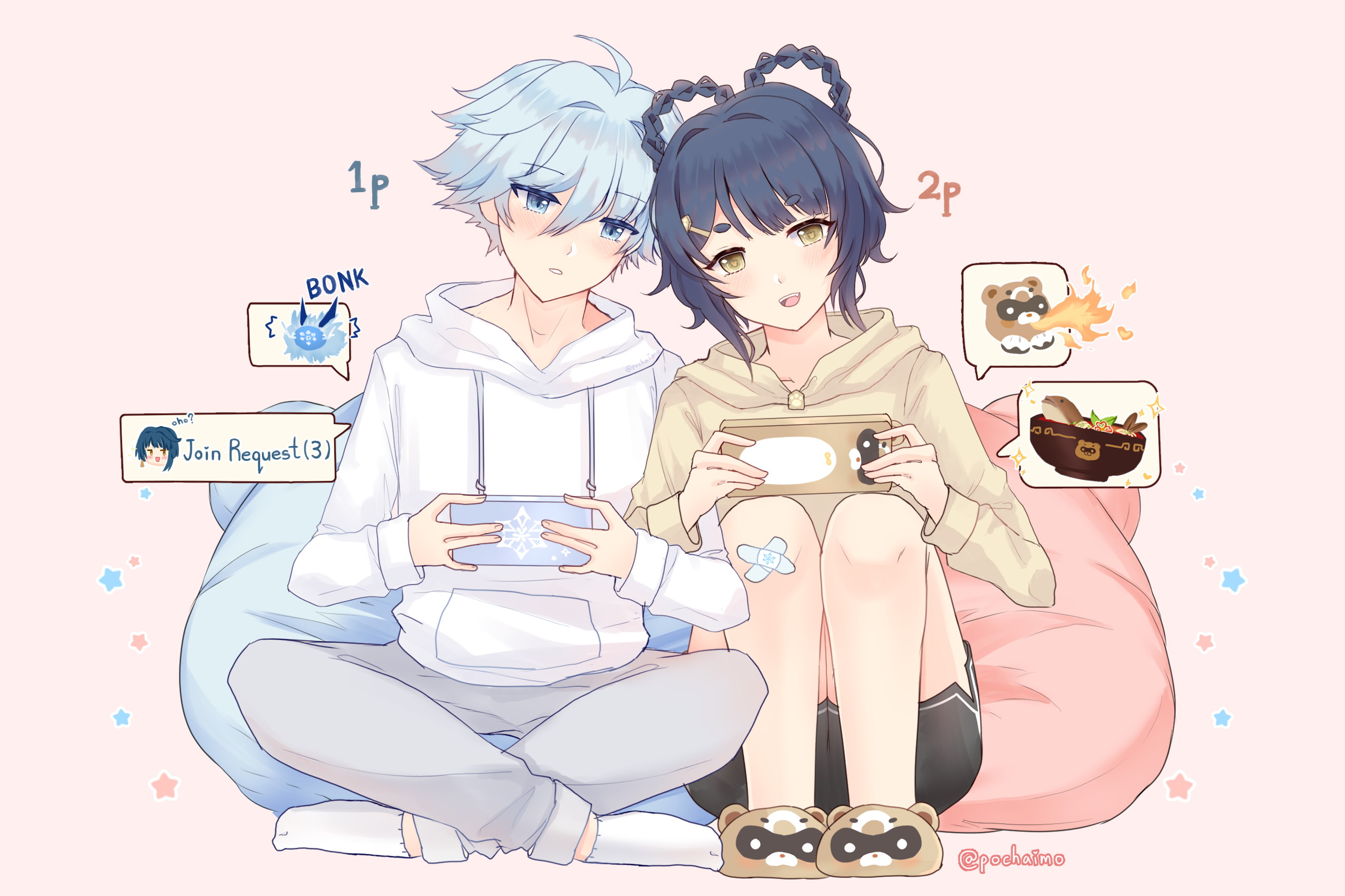 Chongyun and Xiangling from Genshin Impact playing video games HD Wallpaper