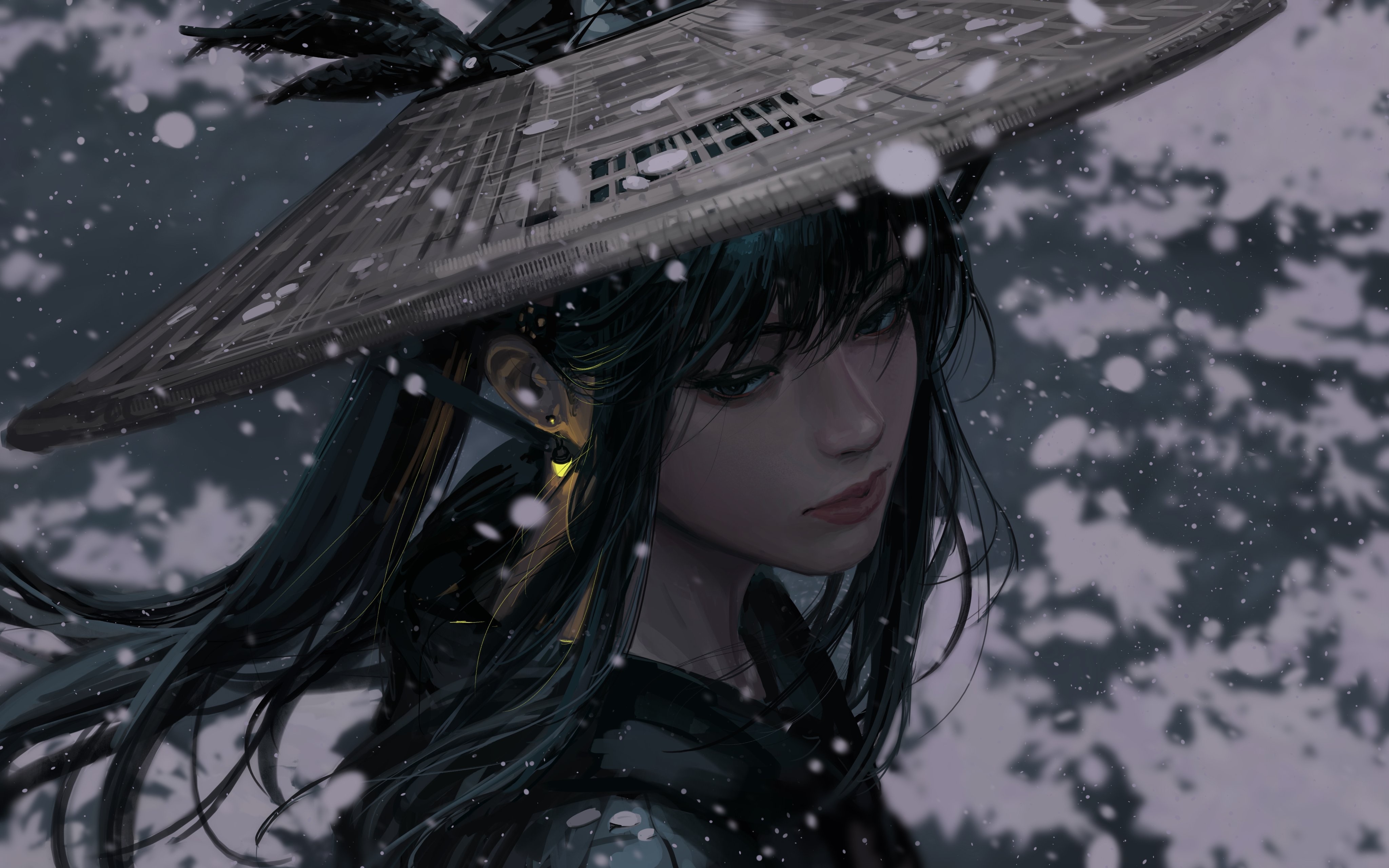 Girl in conical hat in snow HD Wallpaper