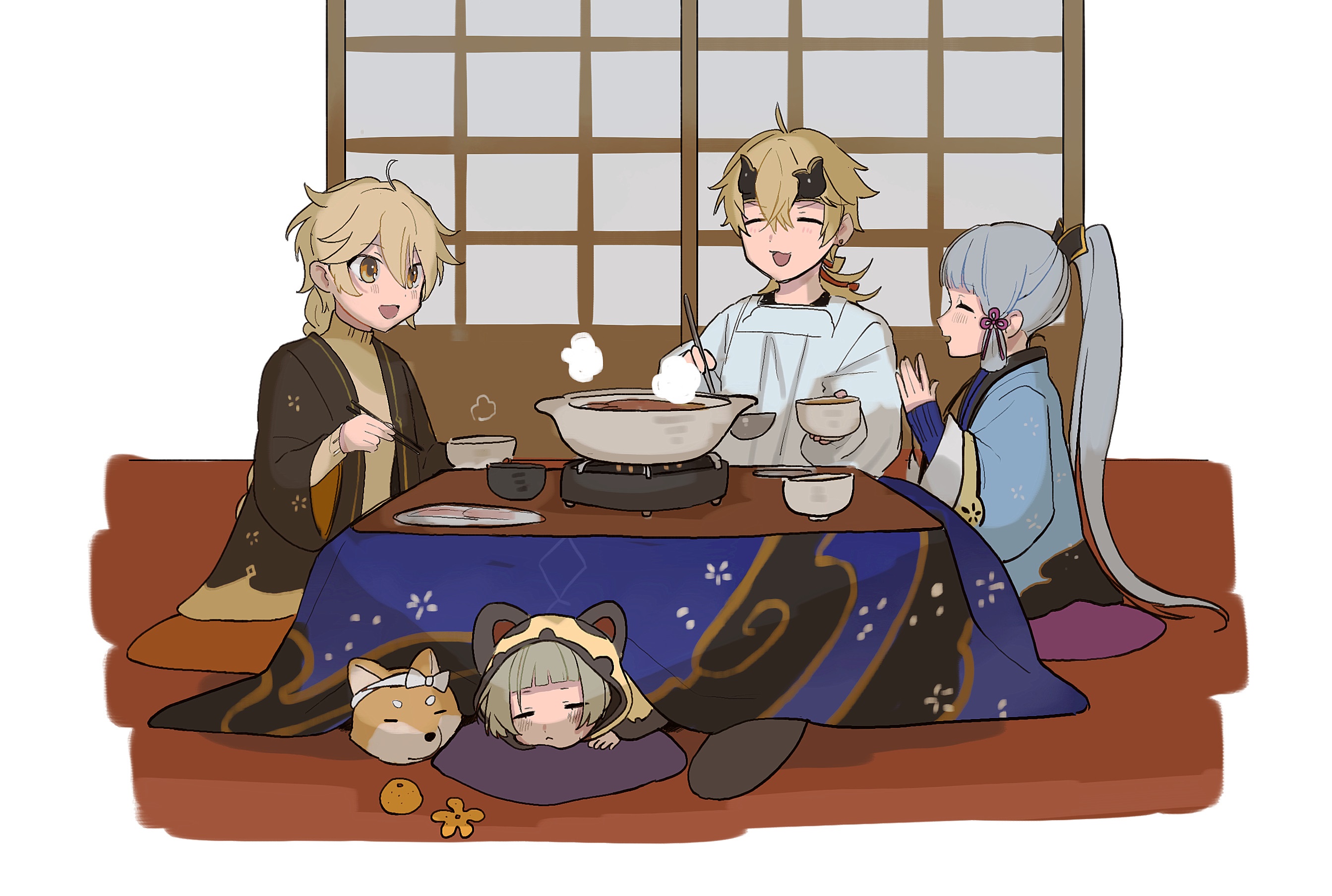 Aether, Thoma, and Ayaka from Genshin Impact enjoying hot pot HD Wallpaper