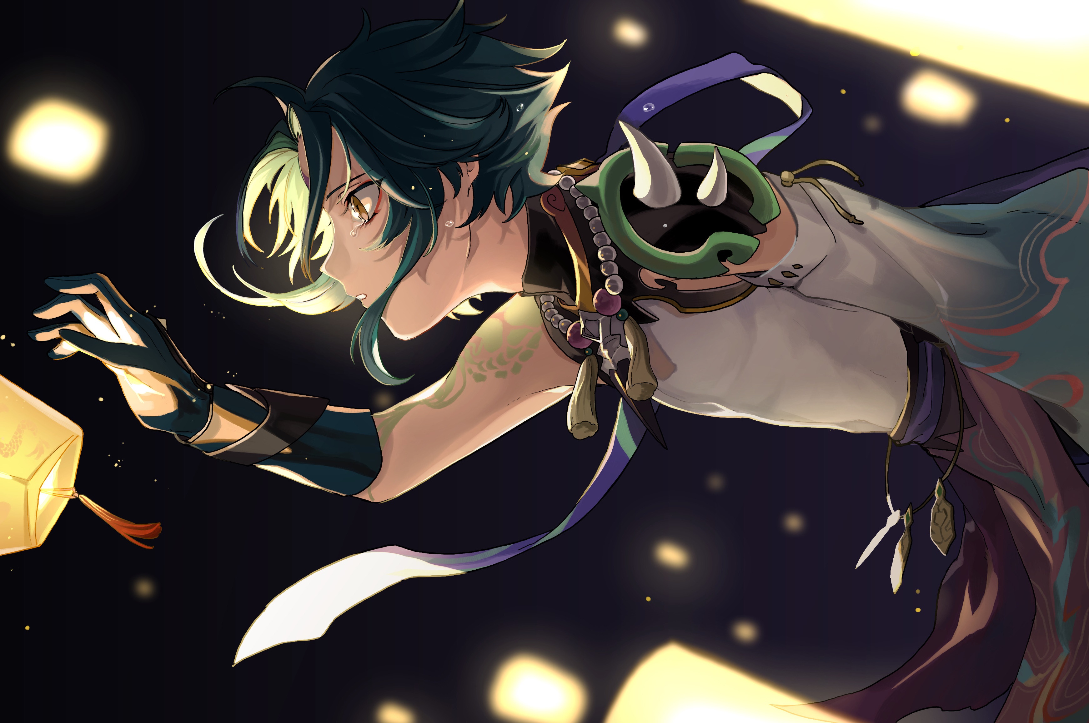 Xiao from Genshin Impact with lanterns HD Wallpaper