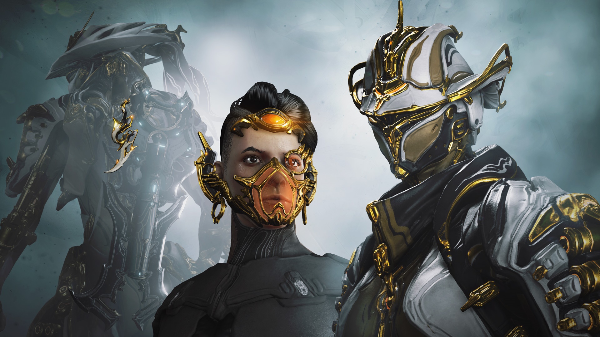Warframe characters with gold and white armor HD Wallpaper
