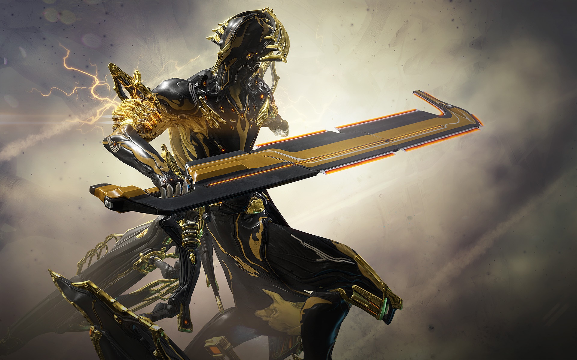Warframe character with golden accents holding a sword HD Wallpaper